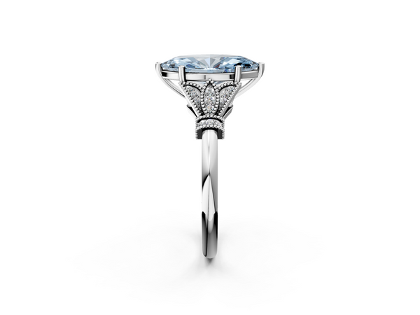 Platinum Fancy Blue Marquise  Diamond Solitaire Ring with Floral Filigree and Pave Accents