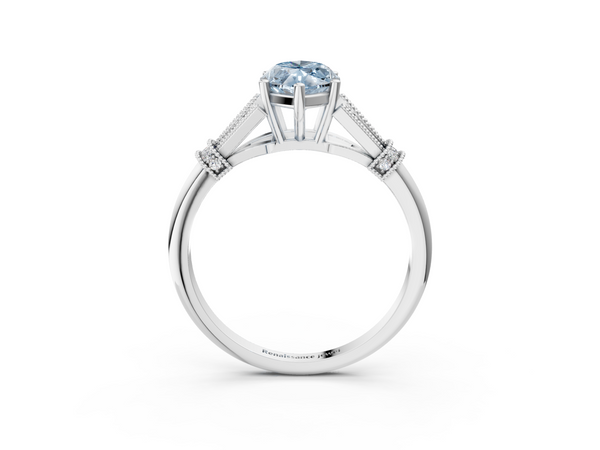 Platinum Fancy Blue Marquise  Diamond Solitaire Ring with Floral Filigree and Pave Accents