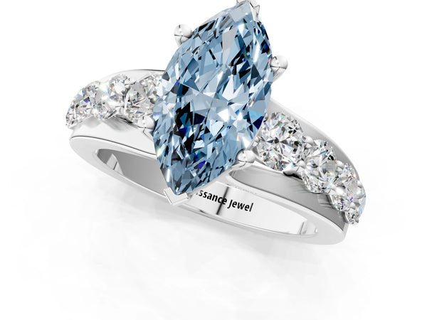 Platinum Fancy Blue Marquise  Brilliant Solitaire with Side Stones on a Pave Band and Four-Prong Setting