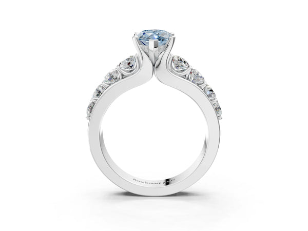 Platinum Fancy Blue Marquise  Brilliant Solitaire with Side Stones on a Pave Band and Four-Prong Setting