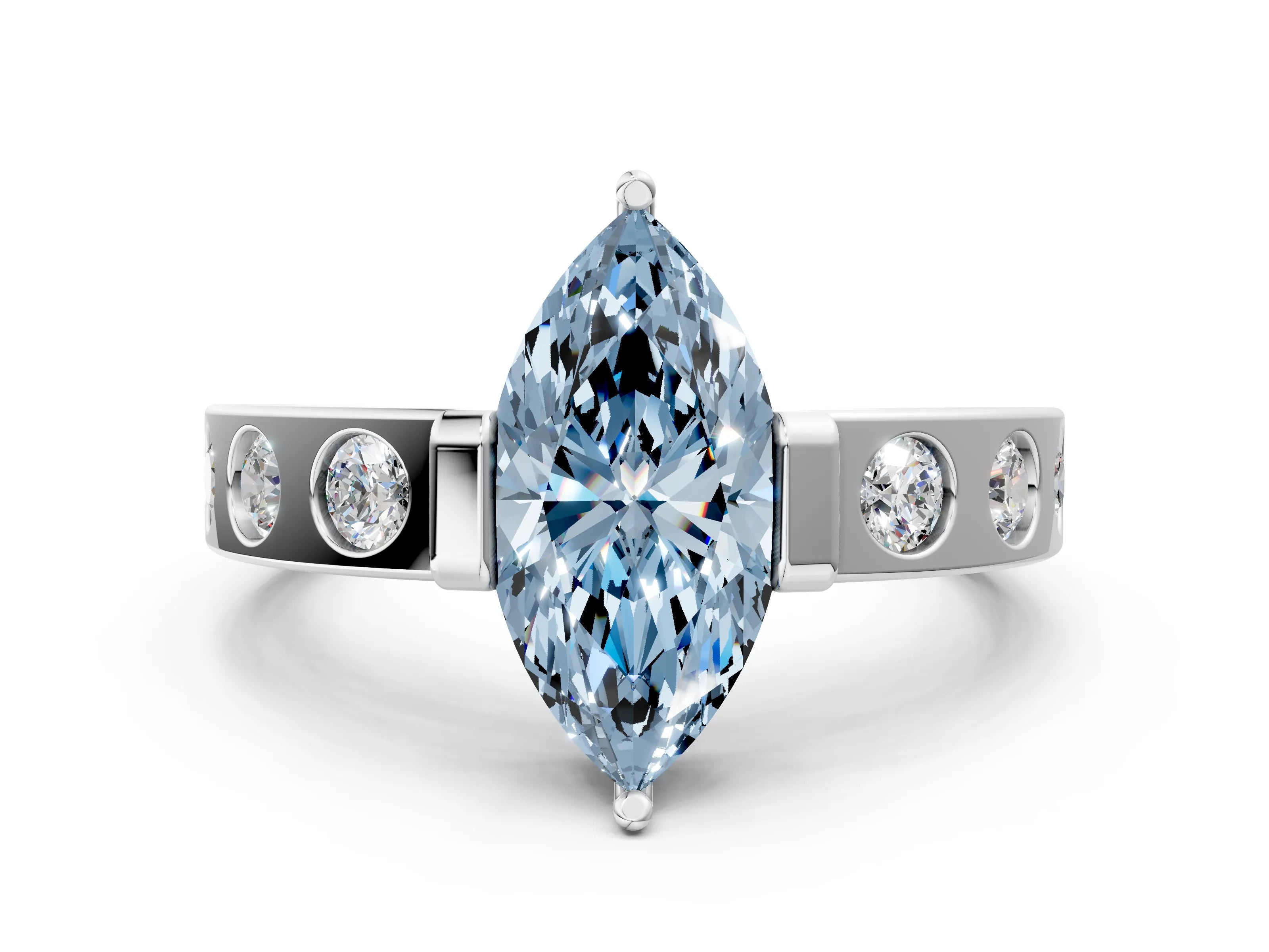 White gold Fancy Blue Marquise Cut Brilliant Channel-Set Diamond Ring with Bezel Prong Setting_12