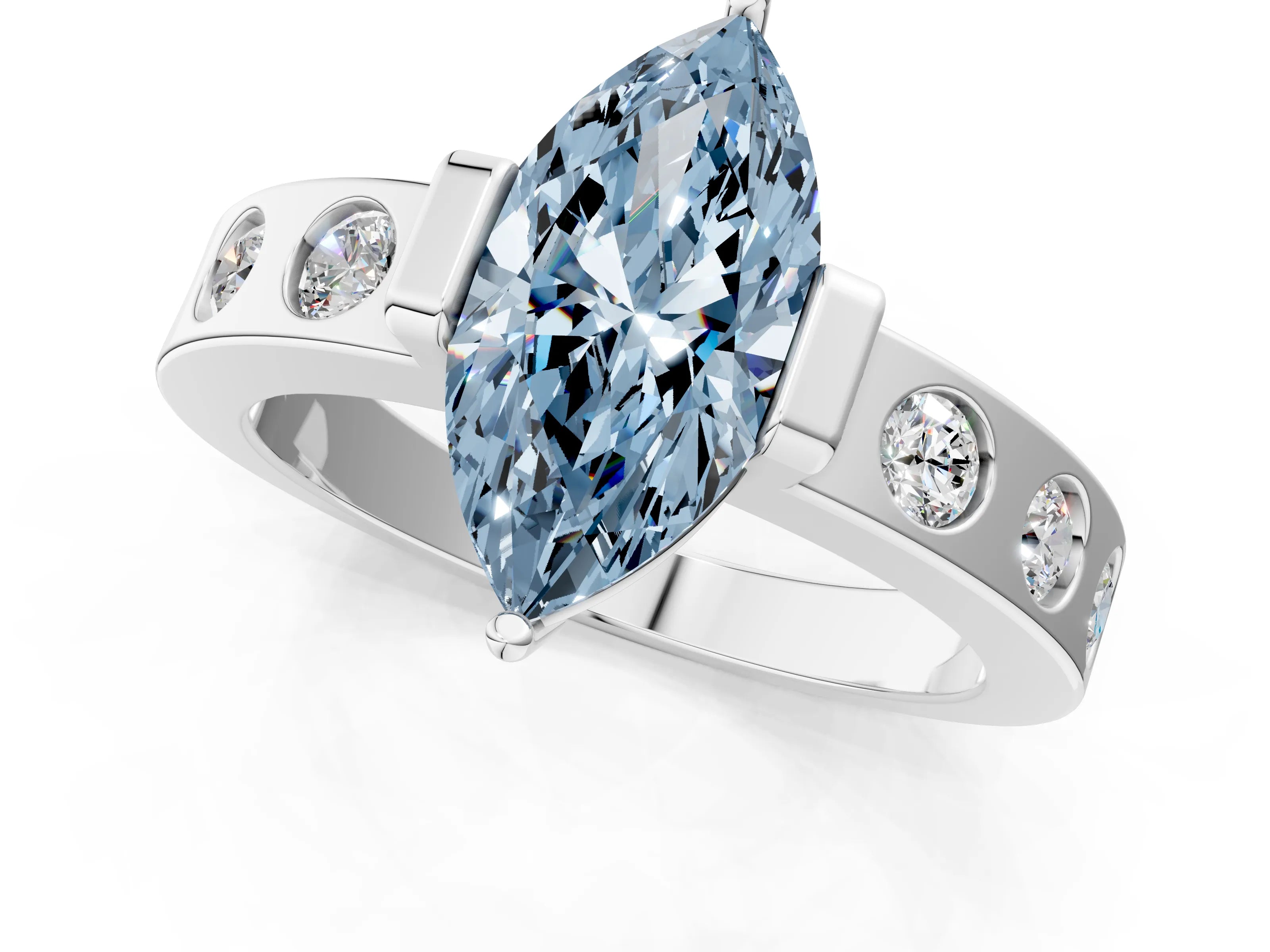 White gold Fancy Blue Marquise Cut Brilliant Channel-Set Diamond Ring with Bezel Prong Setting_13