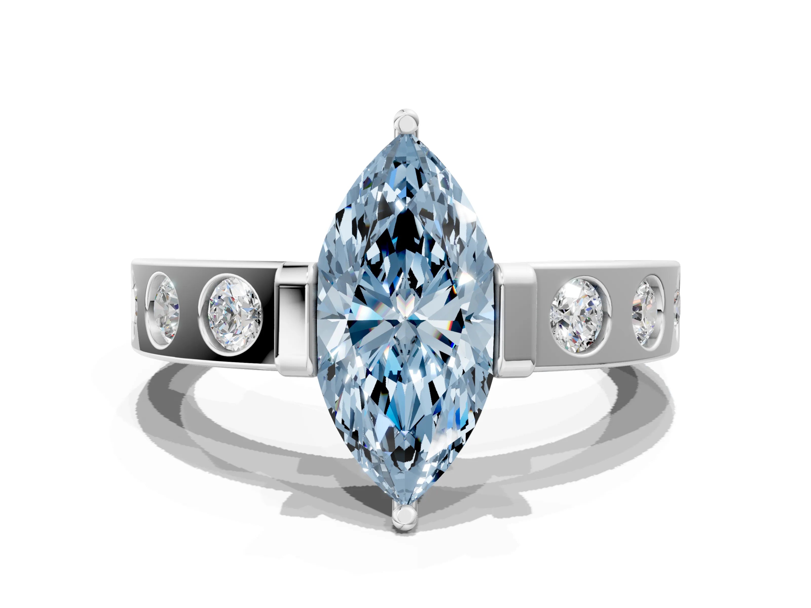 White gold Fancy Blue Marquise Cut Brilliant Channel-Set Diamond Ring with Bezel Prong Setting