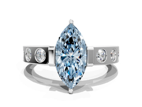 White gold Fancy Blue Marquise Cut Brilliant Channel-Set Diamond Ring with Bezel Prong Setting