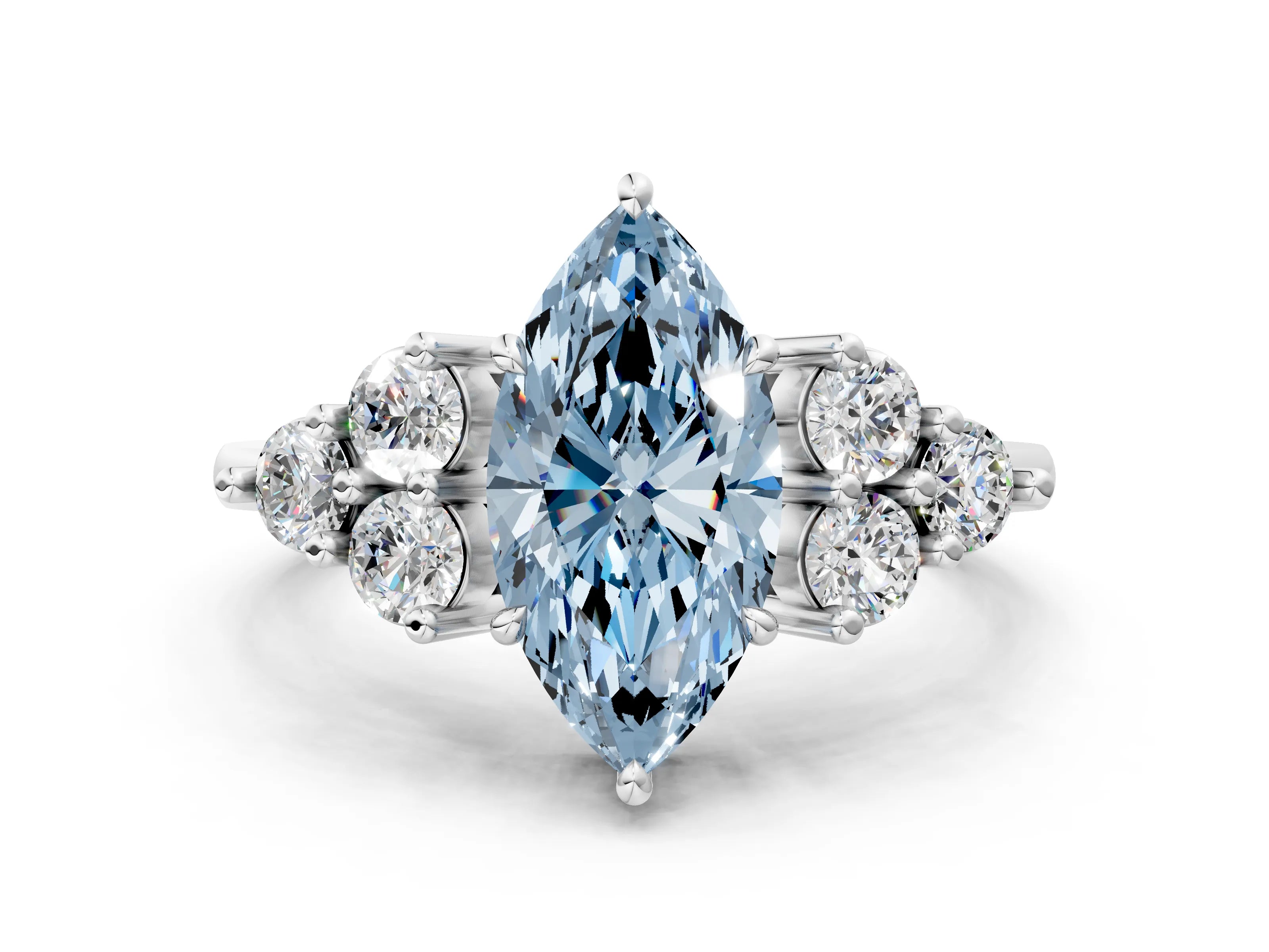 White gold Fancy Blue Marquise Cut Brilliant Diamond Cluster Accent Solitaire Ring with Prong Setting_24