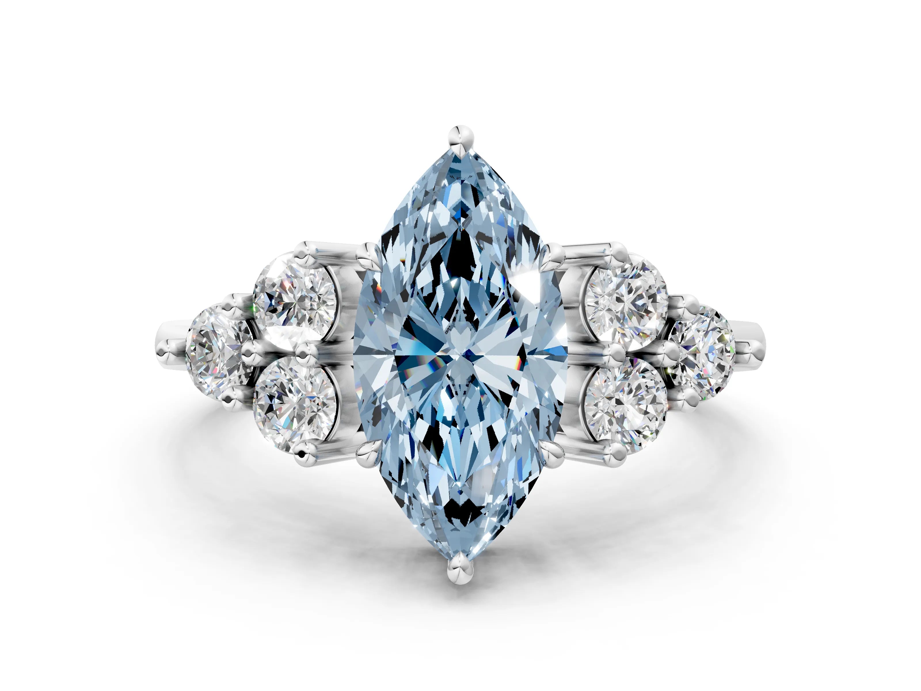 White gold Fancy Blue Marquise Cut Brilliant Diamond Cluster Accent Solitaire Ring with Prong Setting