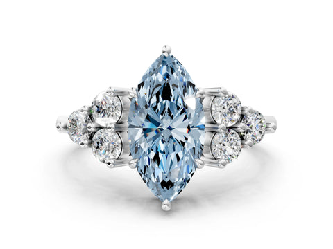 White gold Fancy Blue Marquise Cut Brilliant Diamond Cluster Accent Solitaire Ring with Prong Setting