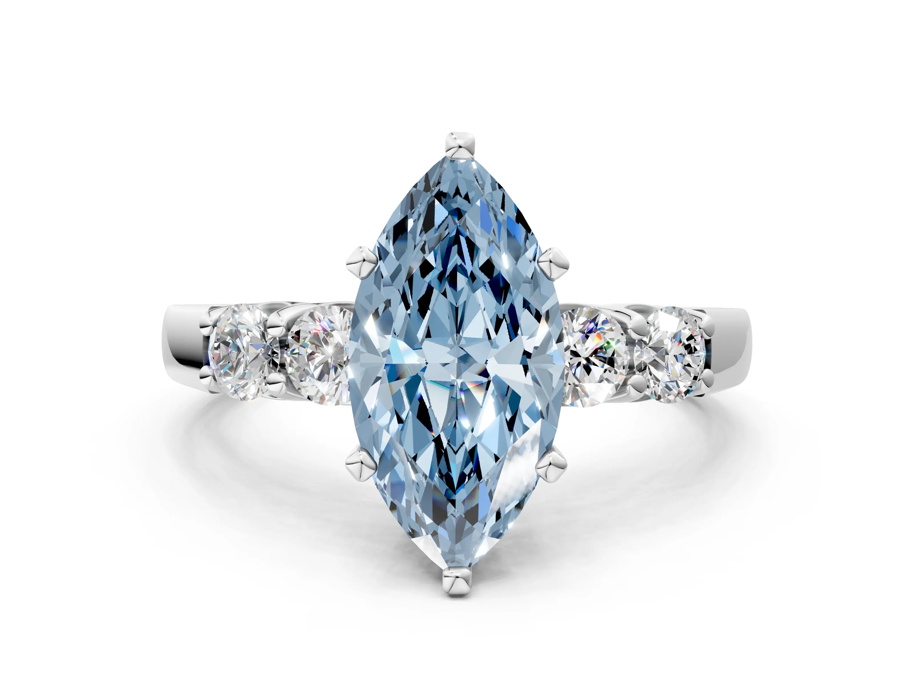 White gold Fancy Blue Marquise Cut Brilliant Diamond Five-Stone Engagement Ring with Prong Setting on a Classic Band_3