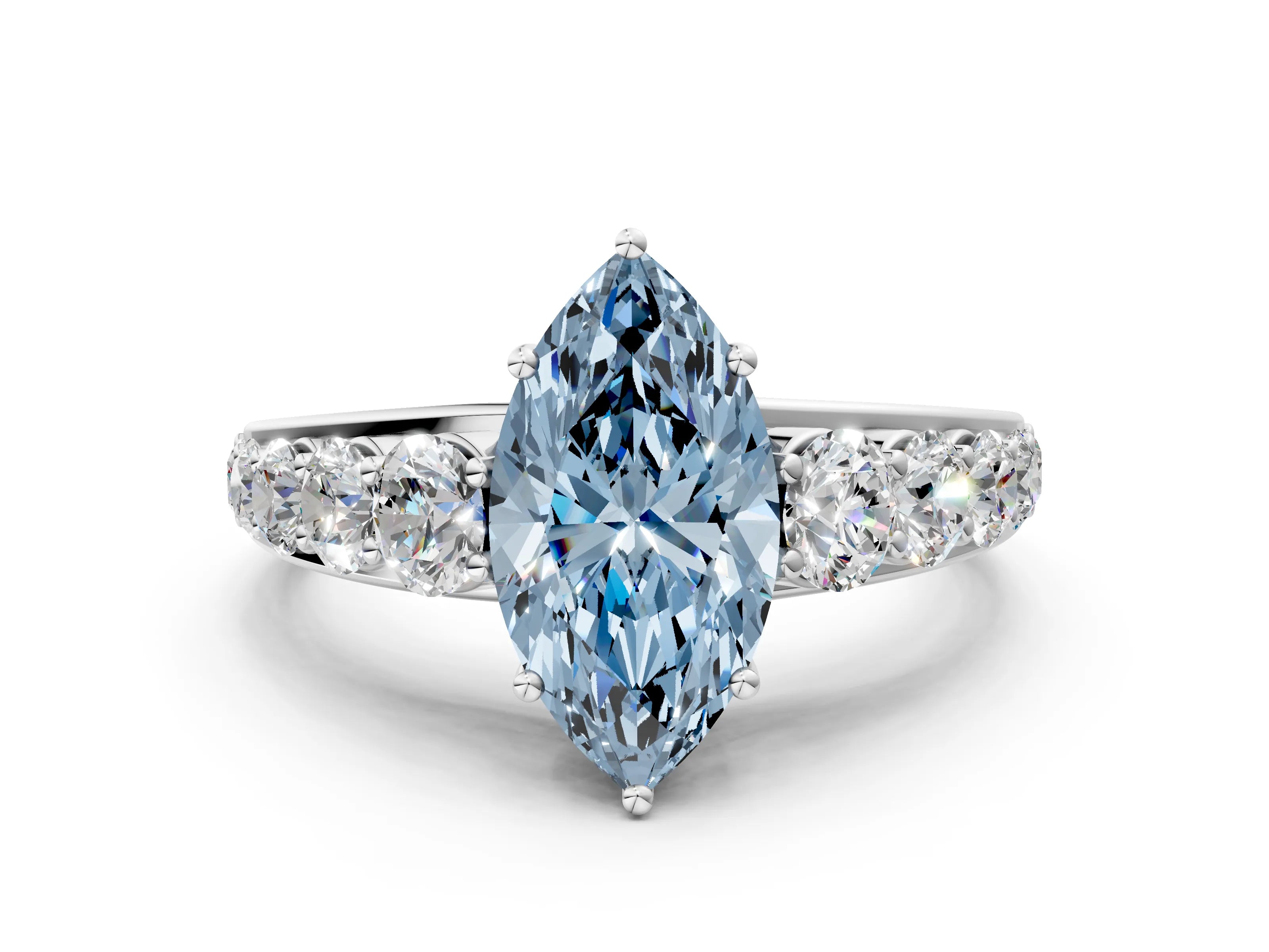 White gold Fancy Blue Marquise Cut Brilliant Diamond Pavé Band with Six-Prong Setting