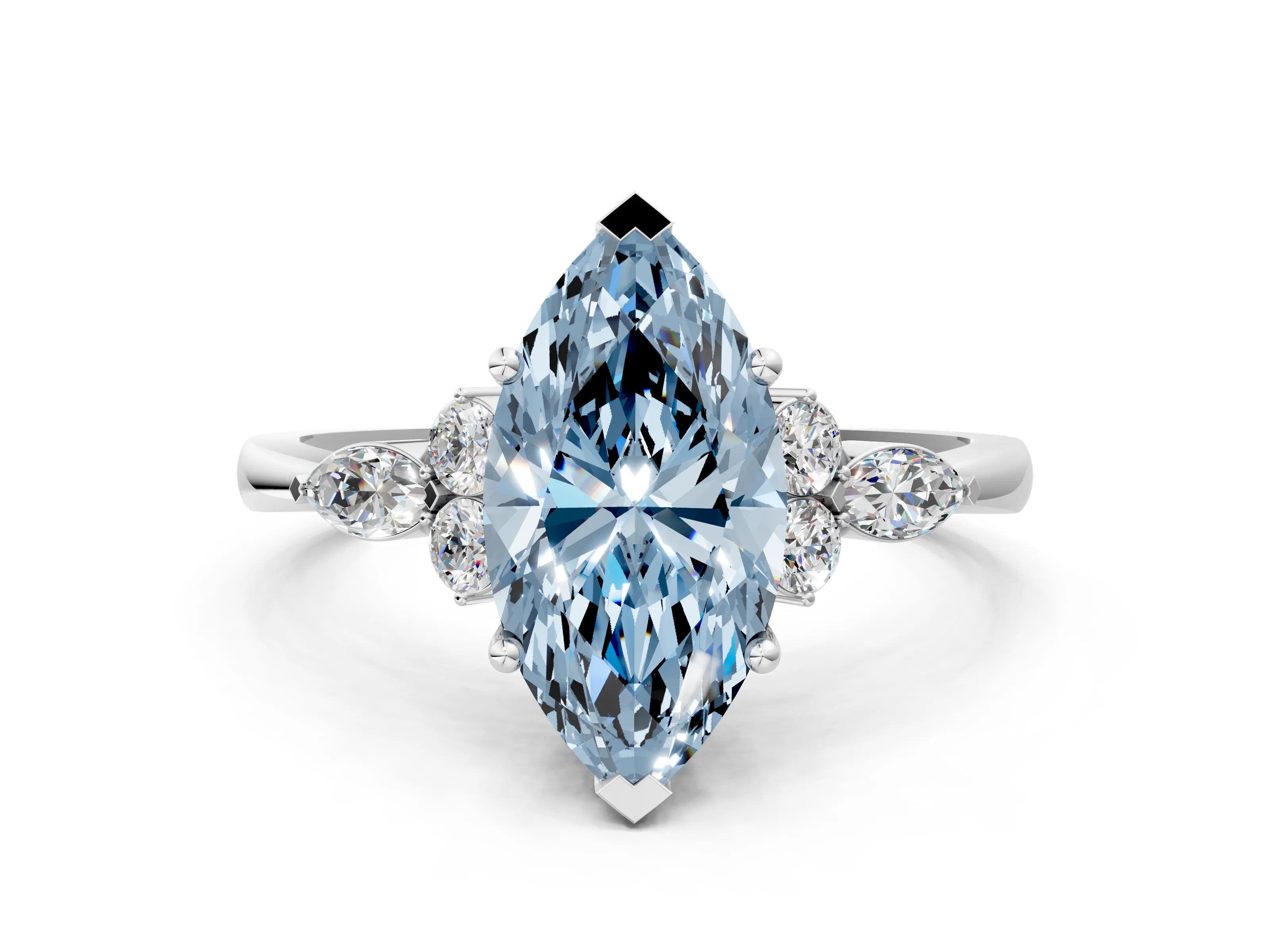 White gold Fancy Blue Marquise Cut Brilliant Diamond Solitaire Ring with Pear Side Stones and Four-Prong Setting_6