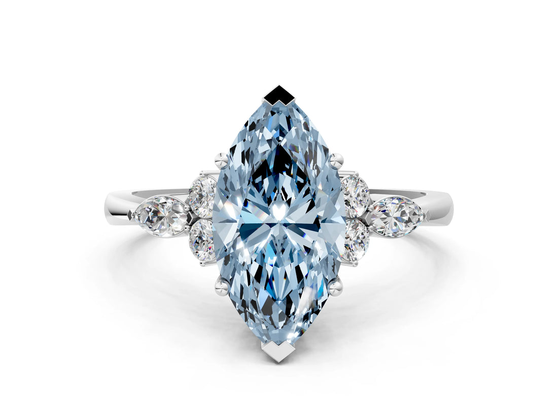 White gold Fancy Blue Marquise Cut Brilliant Diamond Solitaire Ring with Pear Side Stones and Four-Prong Setting_6