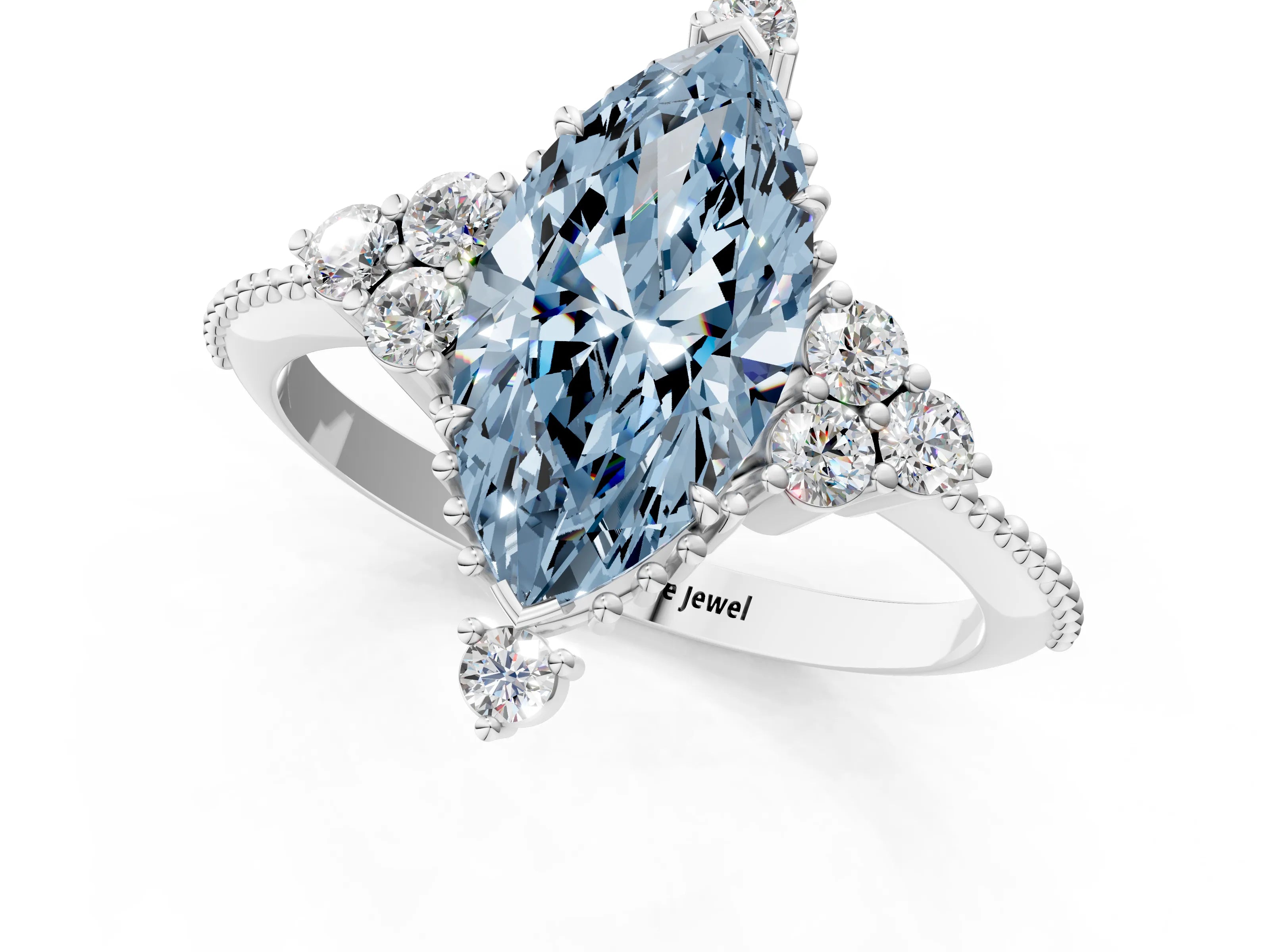 White gold Fancy Blue Marquise Cut Brilliant Diamond with Cluster Setting on a Beaded Band and Four-Prong Setting_1