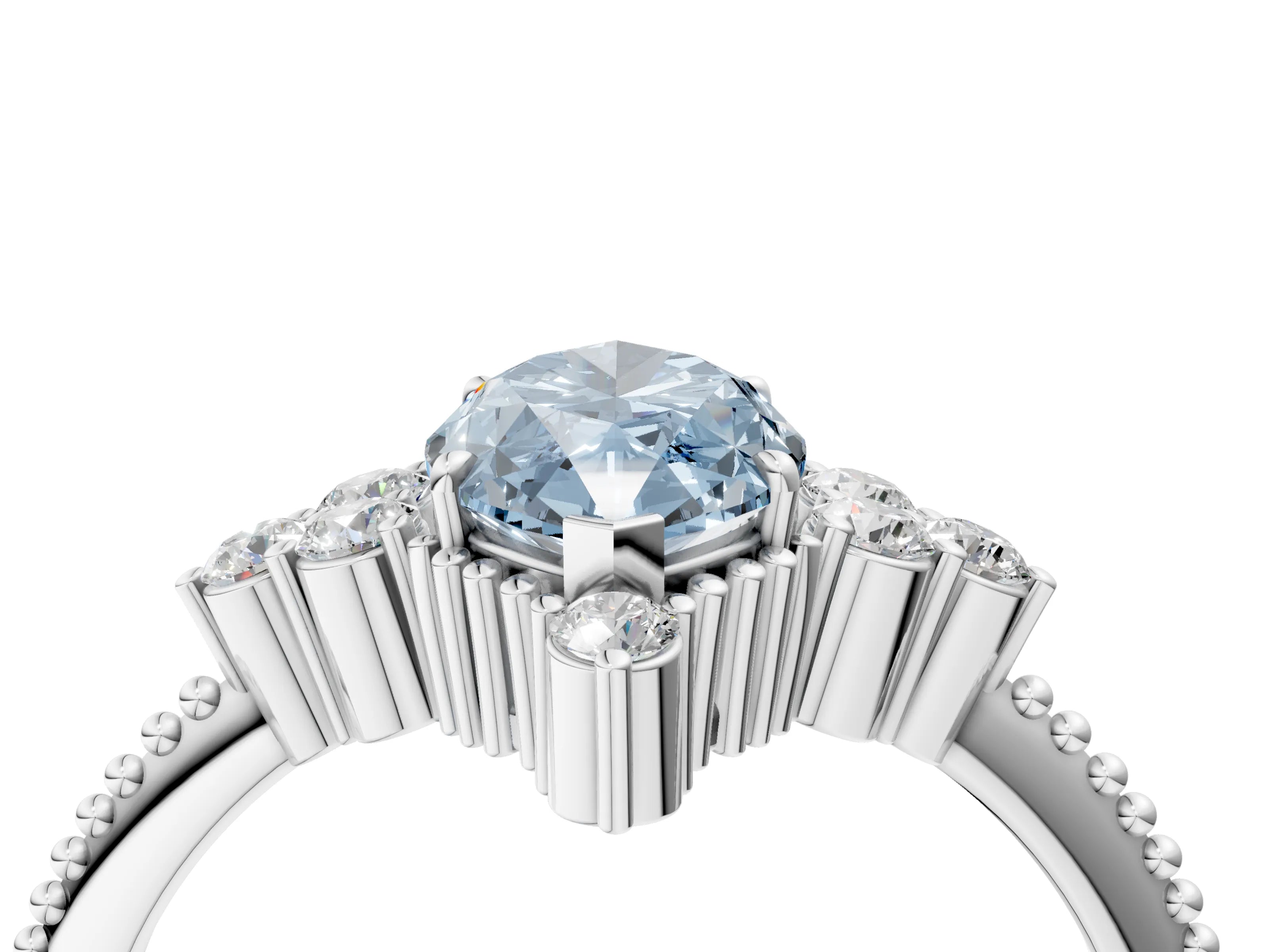 White gold Fancy Blue Marquise Cut Brilliant Diamond with Cluster Setting on a Beaded Band and Four-Prong Setting_4