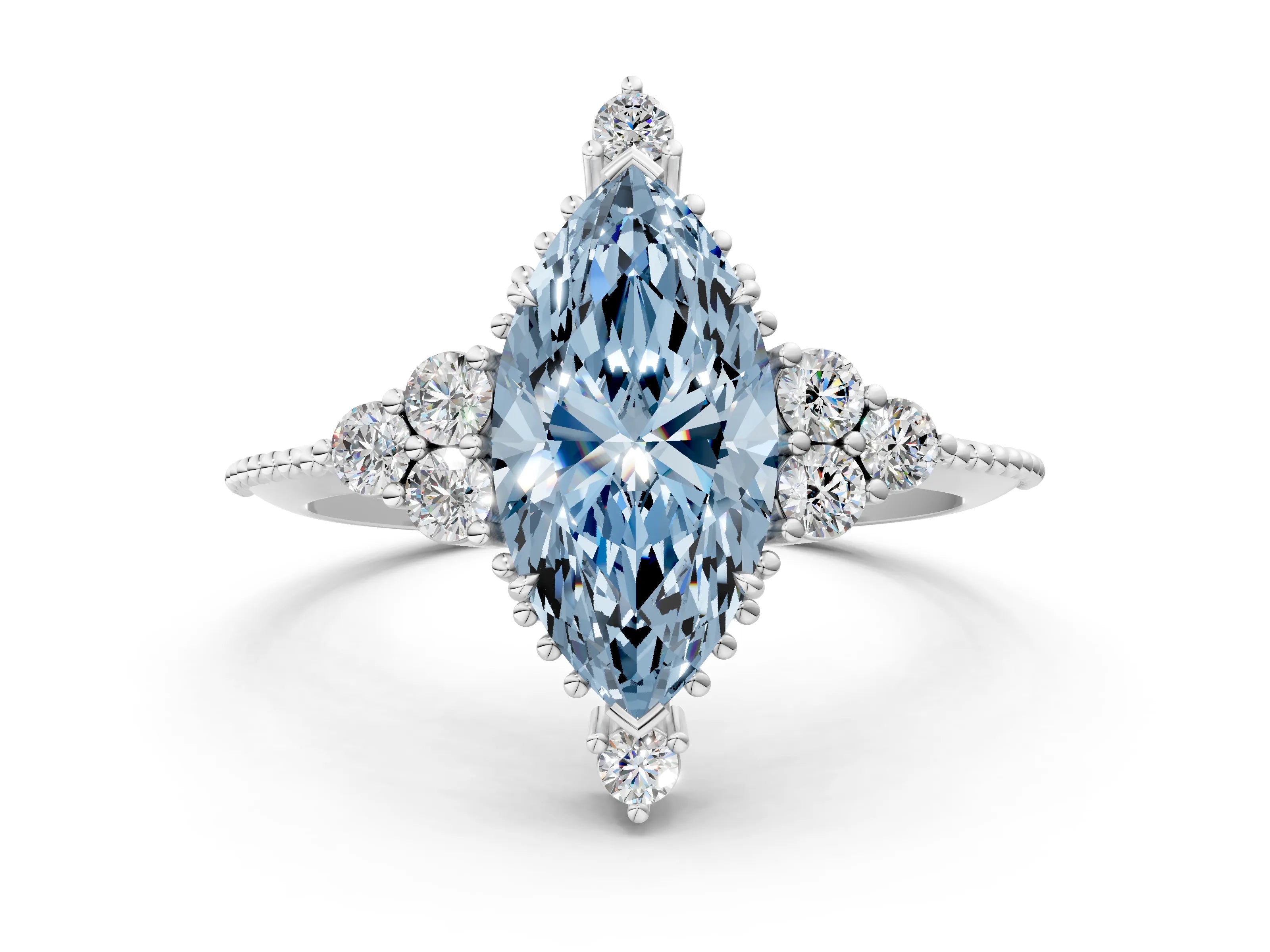 White gold Fancy Blue Marquise Cut Brilliant Diamond with Cluster Setting on a Beaded Band and Four-Prong Setting