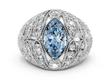 White gold Fancy Blue Marquise Cut Brilliant Halo Pave Diamond Milgrain Ring
