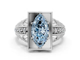 White gold Fancy Blue Marquise Cut Brilliant Milgrain Filigree Diamond Ring with Square Prong Setting