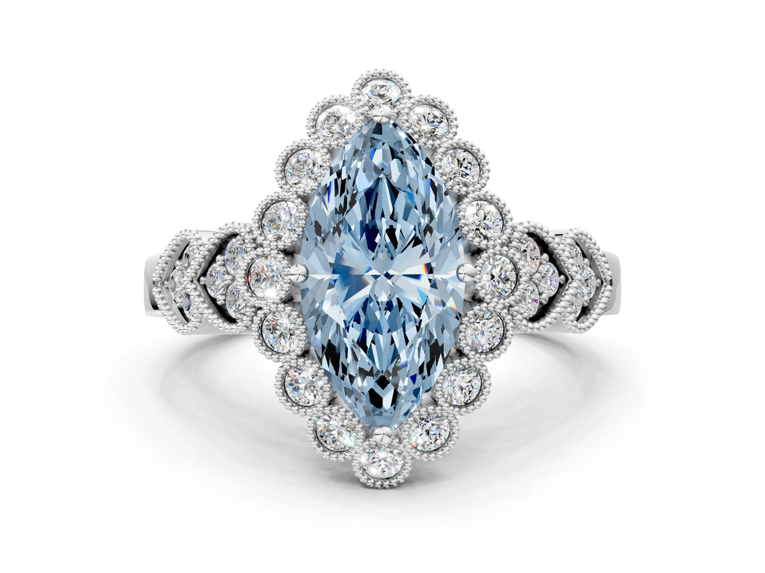 White gold Fancy Blue Marquise Cut Brilliant Milgrain Pave Heart Band Solitaire Ring_1