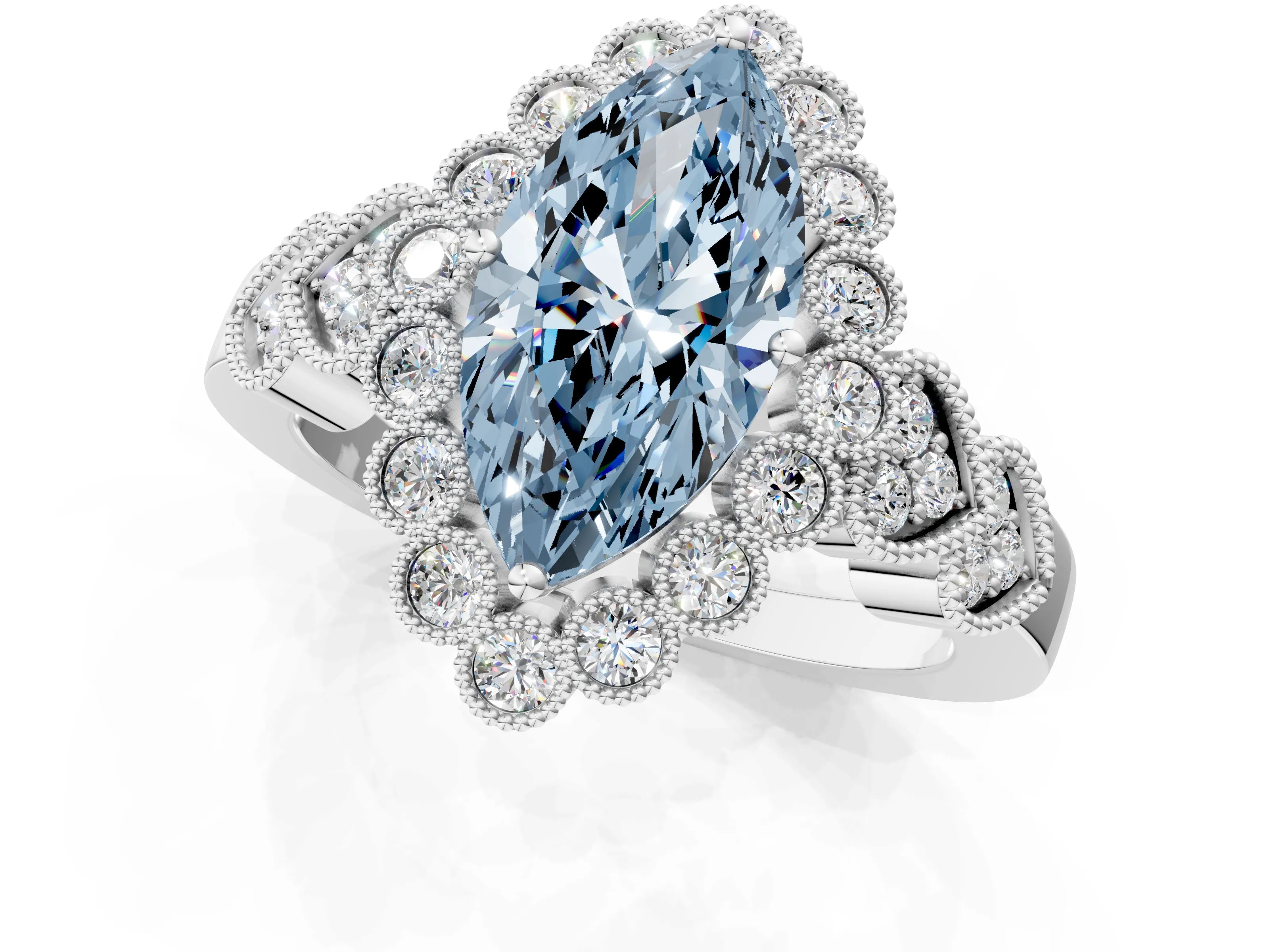 White gold Fancy Blue Marquise Cut Brilliant Milgrain Pave Heart Band Solitaire Ring_1