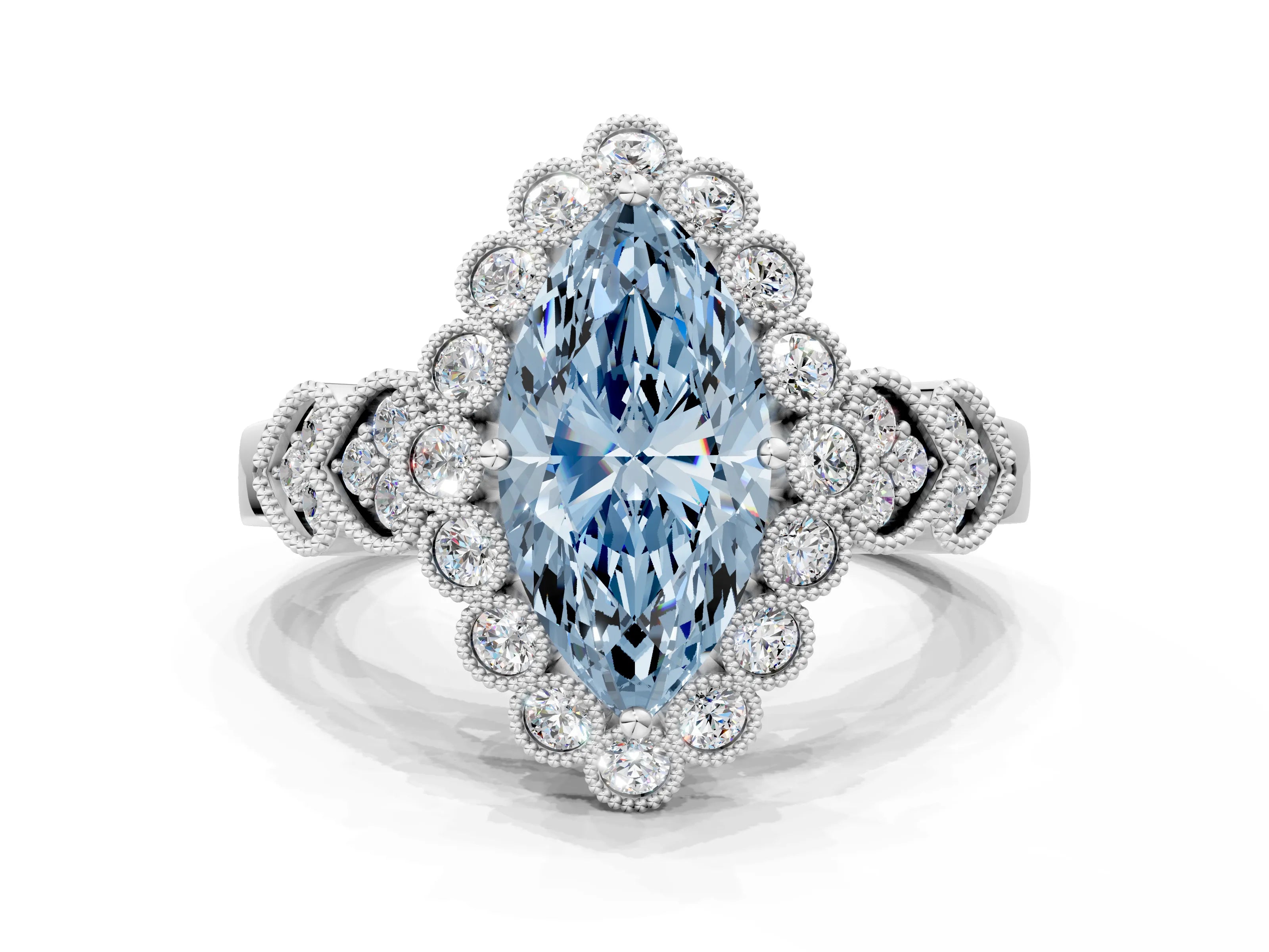 White gold Fancy Blue Marquise Cut Brilliant Milgrain Pave Heart Band Solitaire Ring