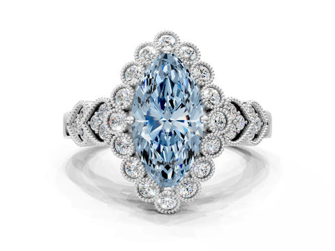White gold Fancy Blue Marquise Cut Brilliant Milgrain Pave Heart Band Solitaire Ring
