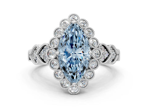 White gold Fancy Blue Marquise Cut Brilliant Milgrain Pave Heart Band Solitaire Ring