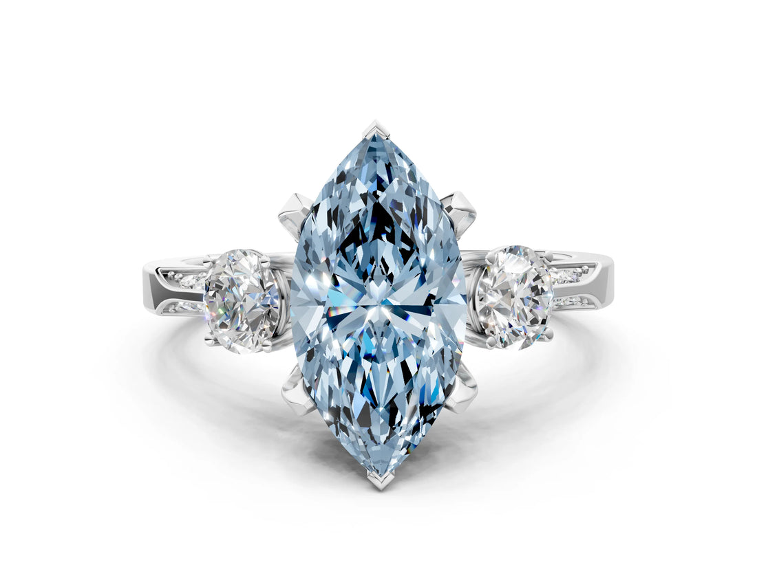 White gold Fancy Blue Marquise Cut Brilliant Three-Stone Diamond Ring with Pavé Band and Four-Prong Setting_15