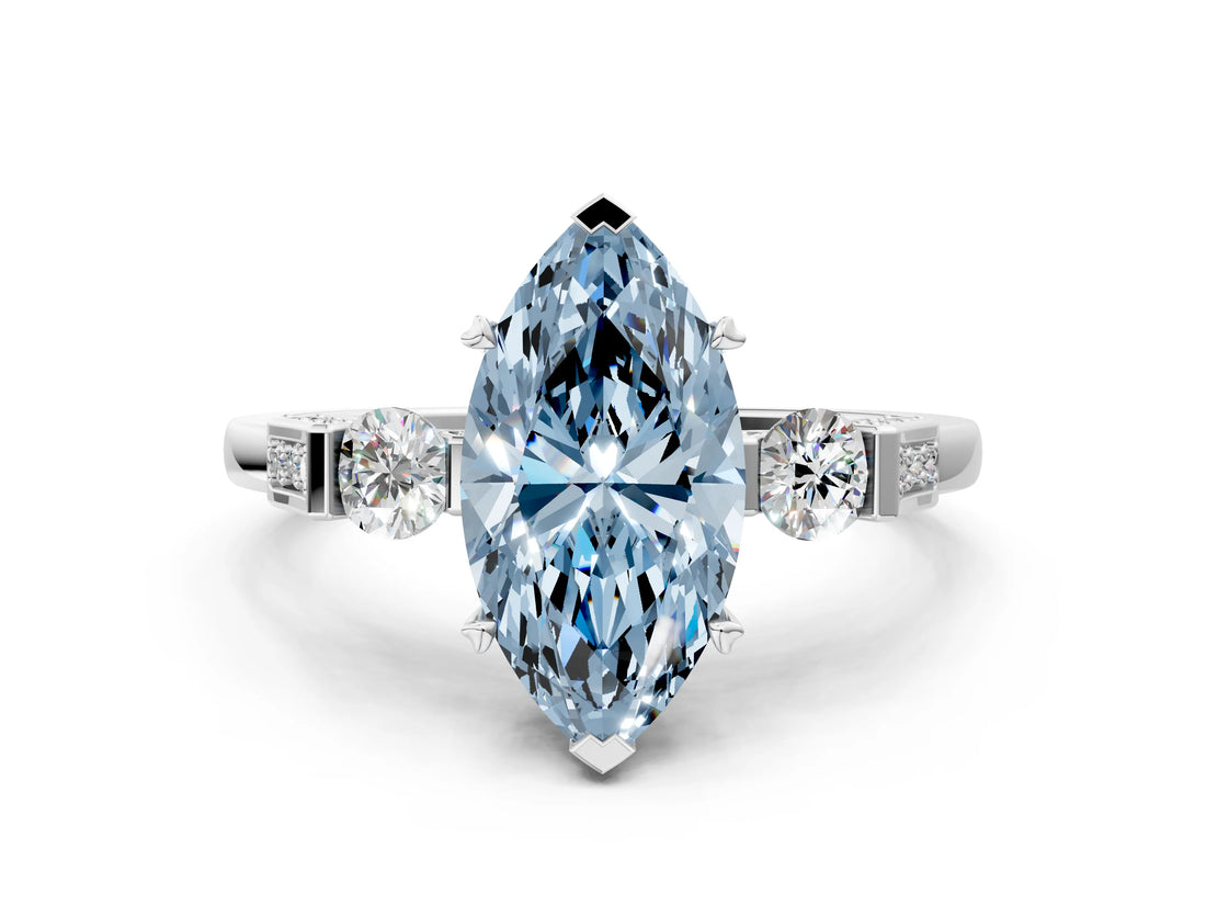 White gold Fancy Blue Marquise Cut Brilliant Three-Stone Pave Band with Four-Prong Setting