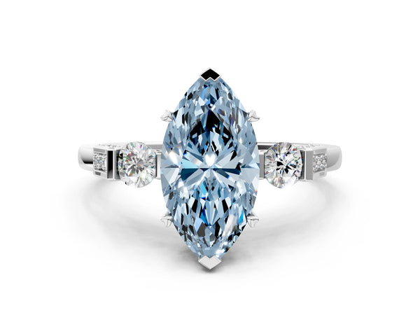 White gold Fancy Blue Marquise Cut Brilliant Three-Stone Pave Band with Four-Prong Setting
