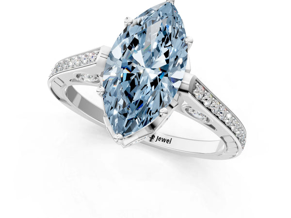 Platinum Fancy Blue Marquise  Cut Cathedral Pave Diamond Engagement Ring with Six-Prong Setting