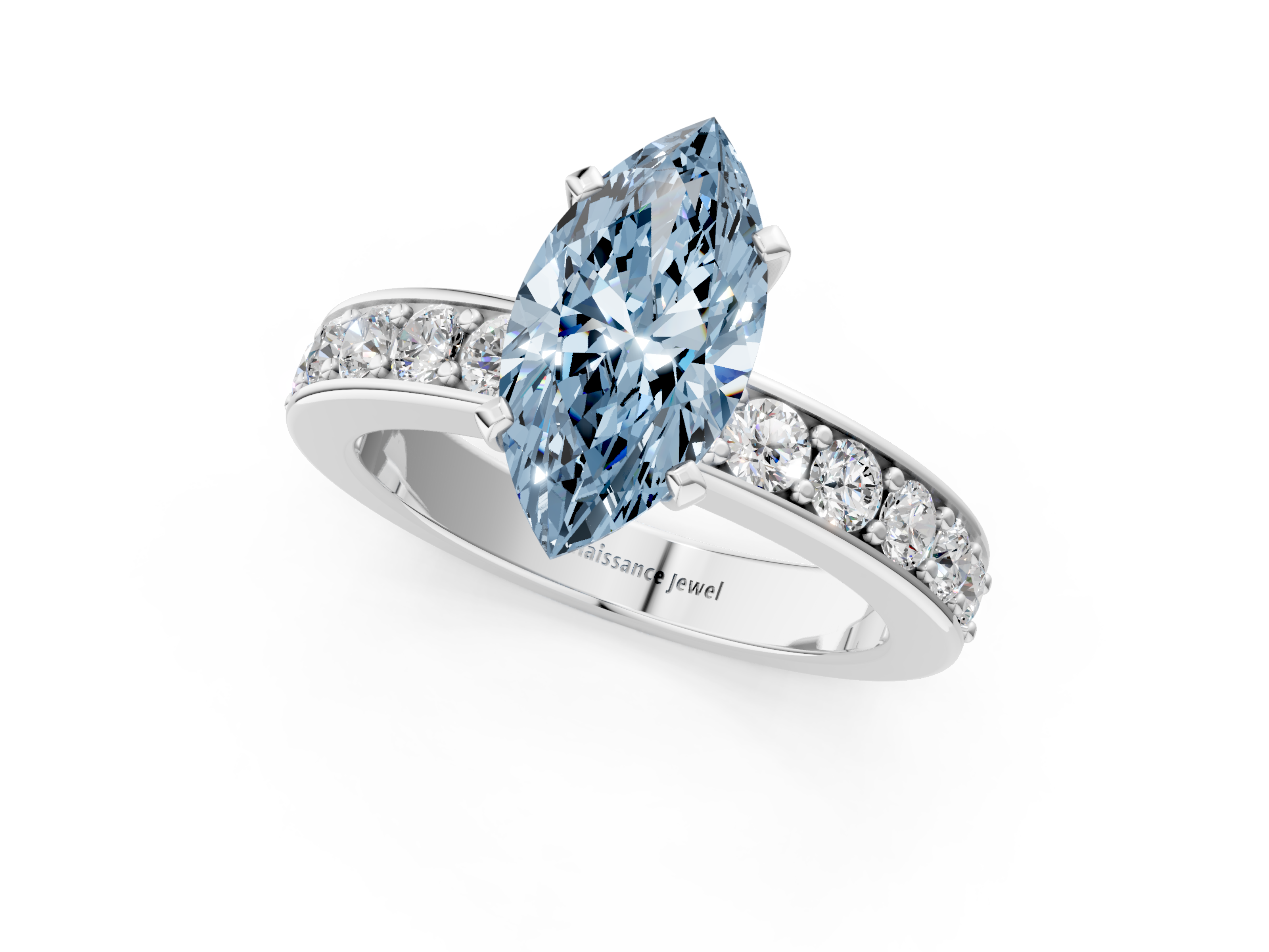 White gold Fancy Blue Marquise  Cut Channel Set Diamond Engagement Ring with Four-Prong Setting_223