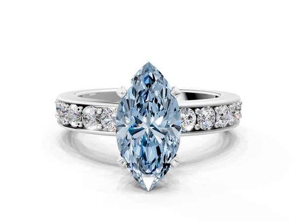 Platinum Fancy Blue Marquise  Cut Channel Set Diamond Engagement Ring with Four-Prong Setting