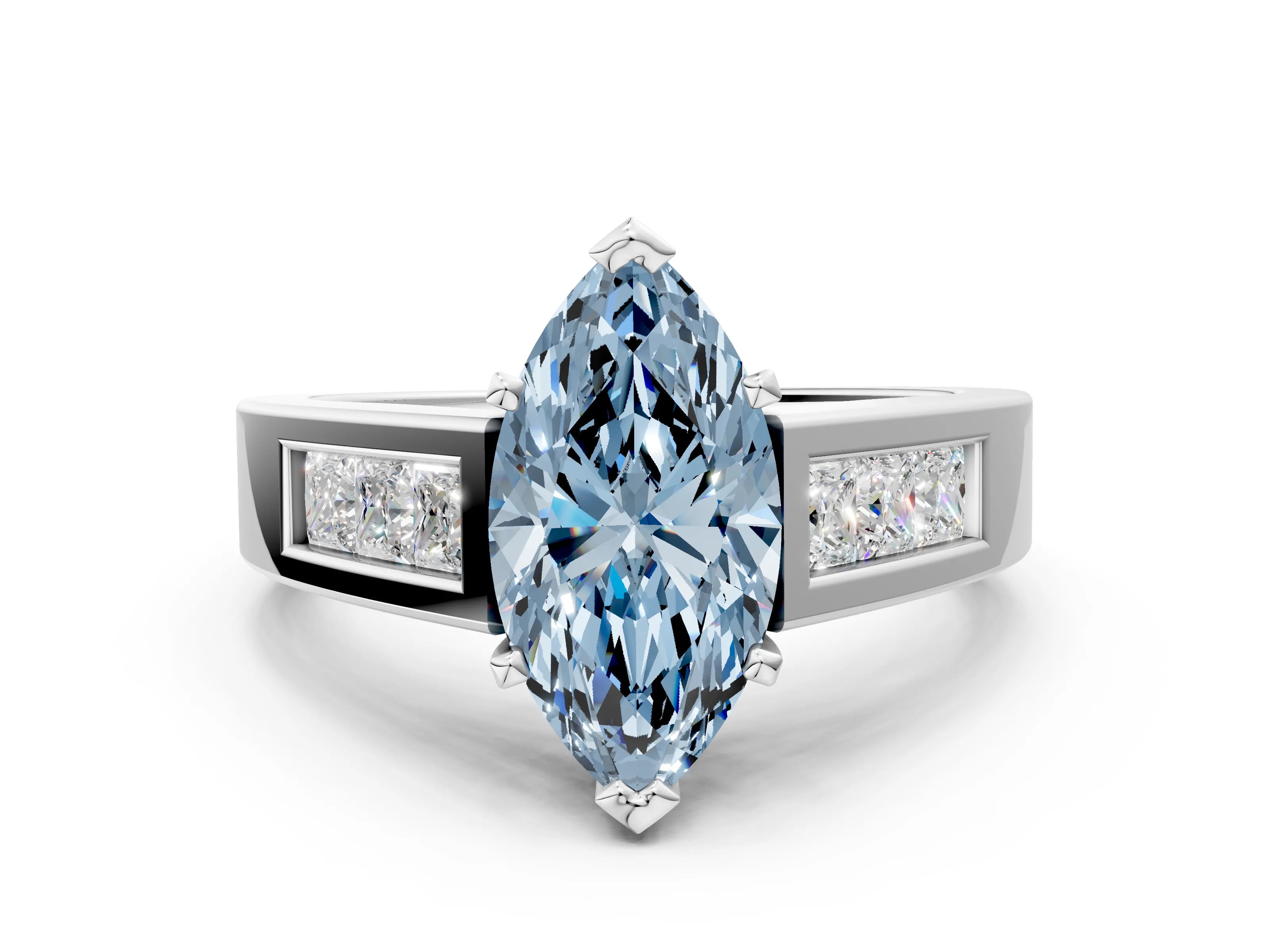 White gold Fancy Blue Marquise Cut Cut Channel Set Solitaire Ring with Four-Prong Setting