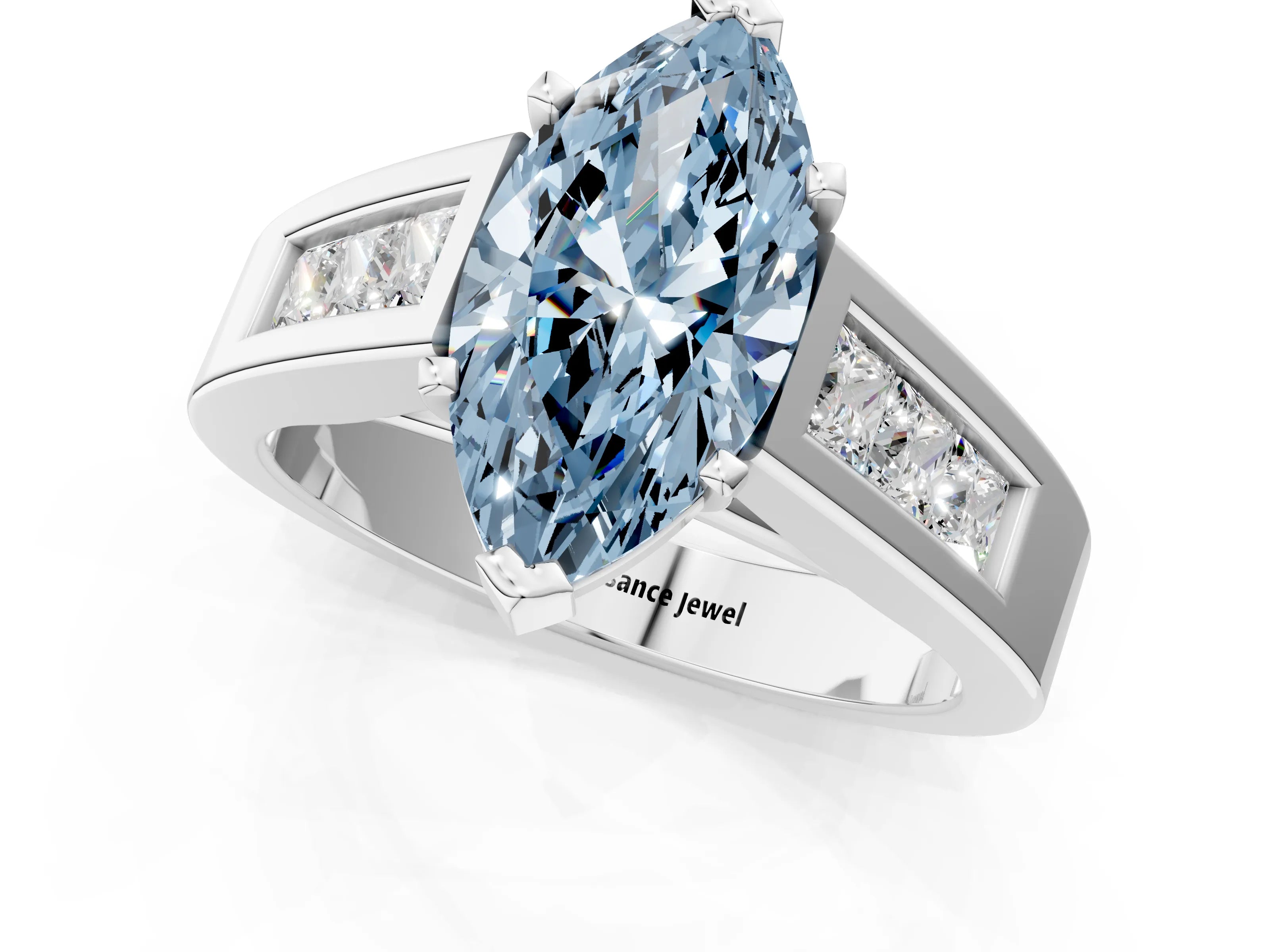 White gold Fancy Blue Marquise Cut Cut Channel Set Solitaire Ring with Four-Prong Setting_13
