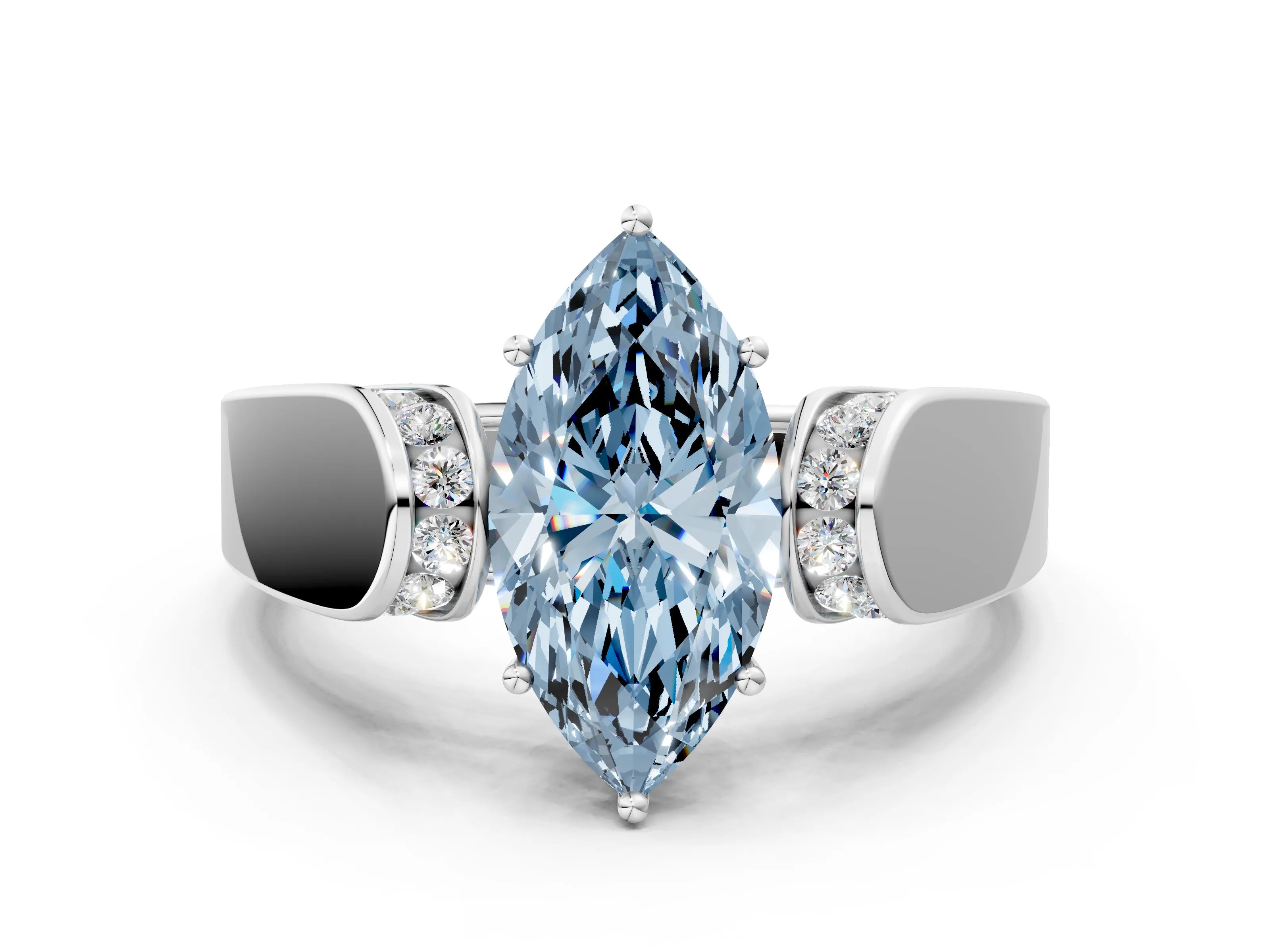White gold Fancy Blue Marquise Cut Cut Diamond Channel Set Solitaire Ring with Four-Prong Setting