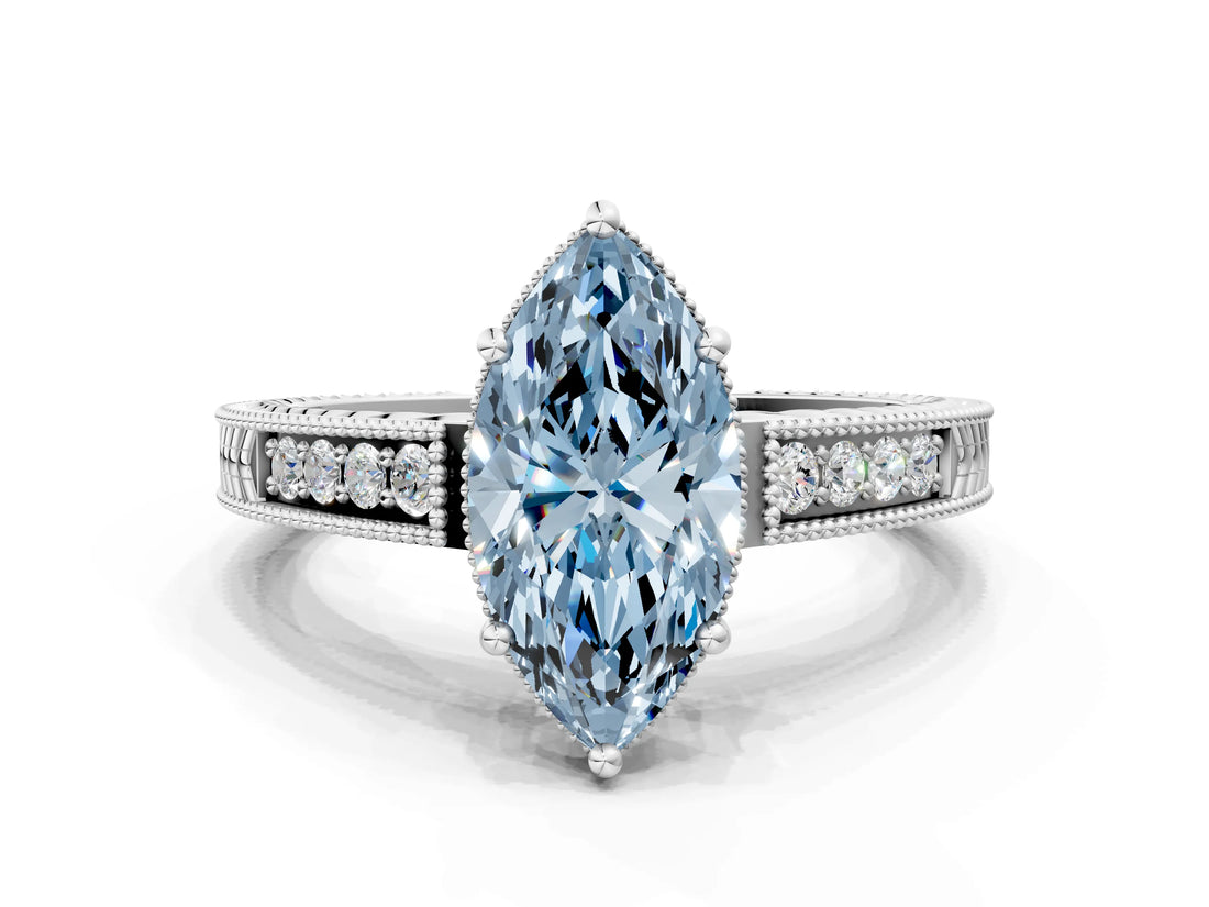 White gold Fancy Blue Marquise Cut Cut Diamond Milgrain Pave Band Four-Prong Setting Ring_15