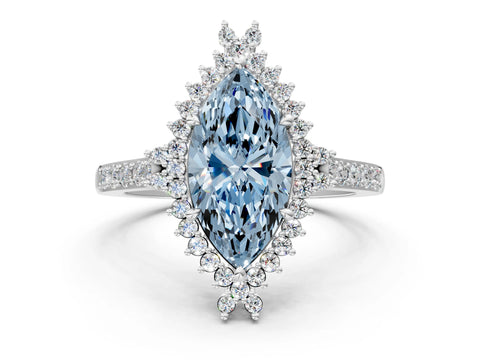 White gold Fancy Blue Marquise Cut Cut Diamond Sunburst Halo Engagement Ring with Pavé Band_12