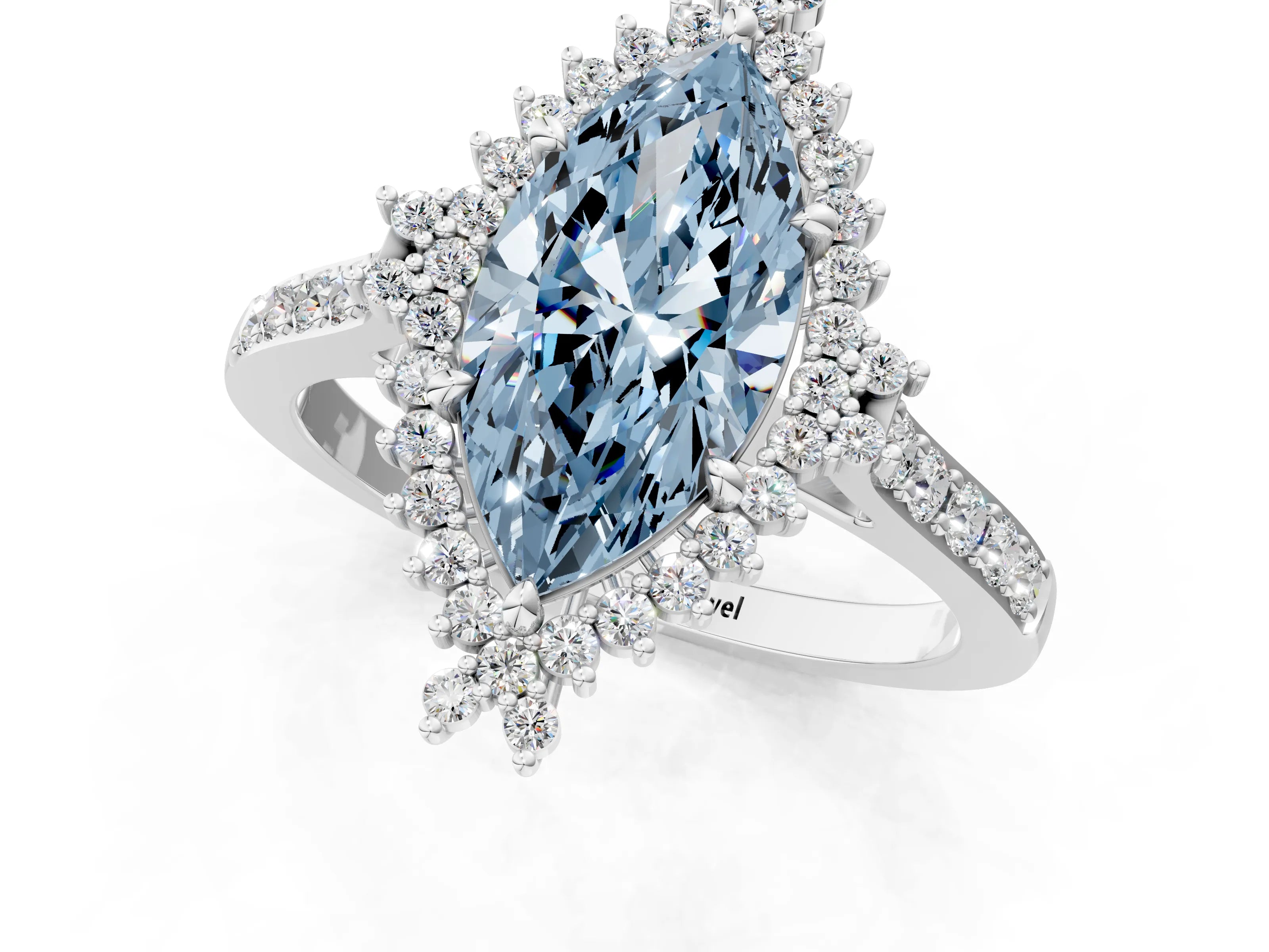 White gold Fancy Blue Marquise Cut Cut Diamond Sunburst Halo Engagement Ring with Pavé Band_13