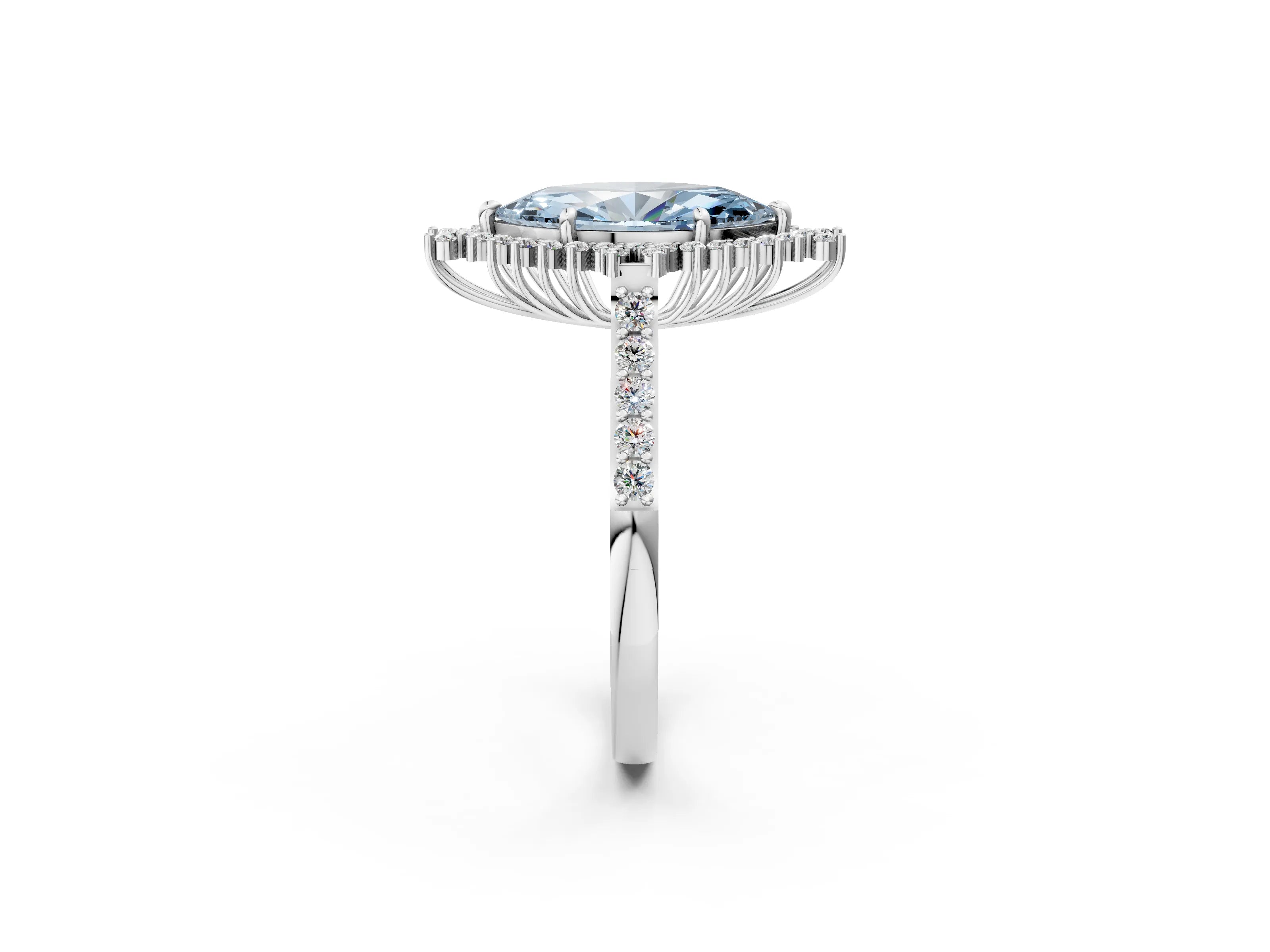 White gold Fancy Blue Marquise Cut Cut Diamond Sunburst Halo Engagement Ring with Pavé Band_14