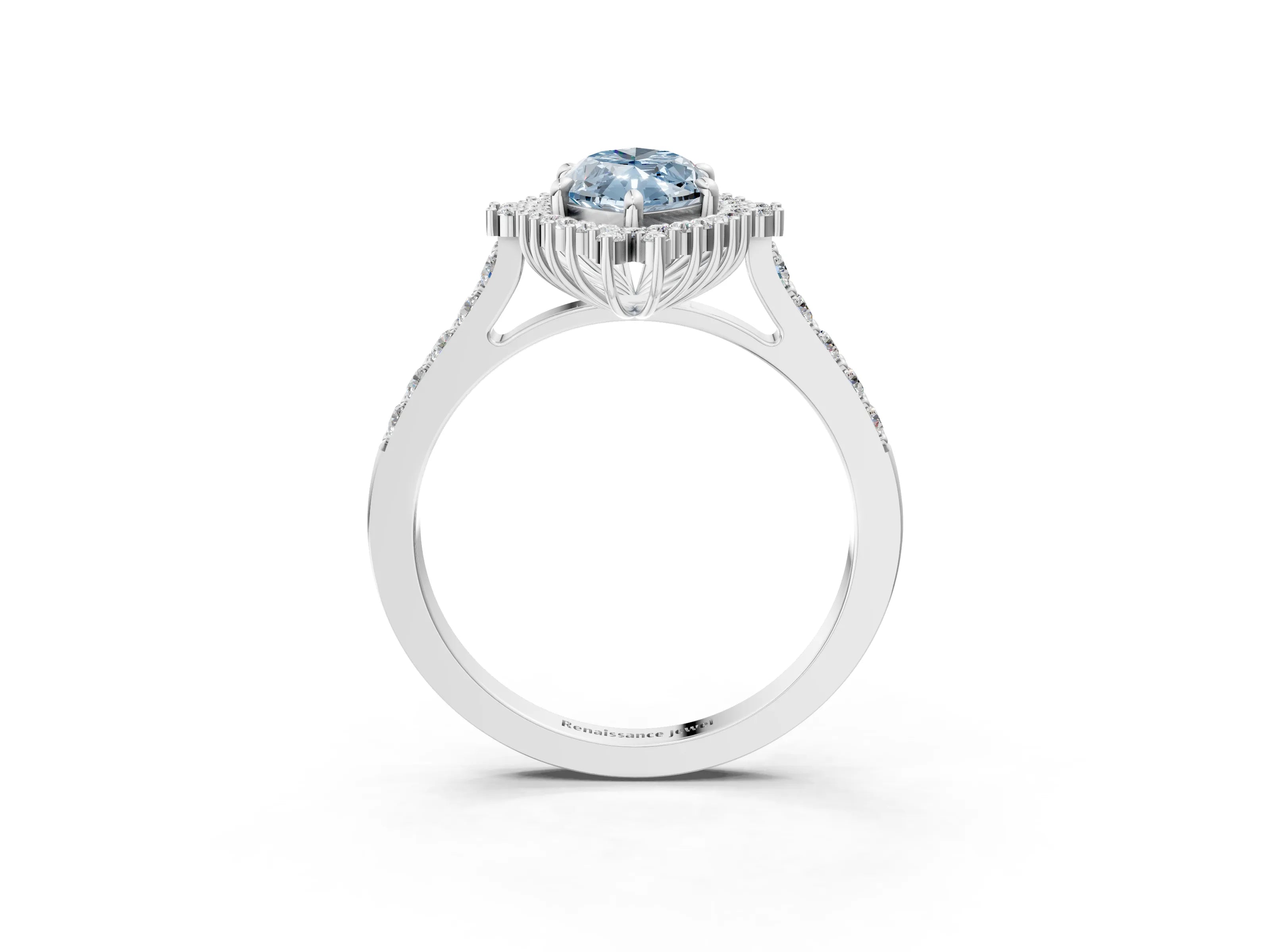 White gold Fancy Blue Marquise Cut Cut Diamond Sunburst Halo Engagement Ring with Pavé Band_15