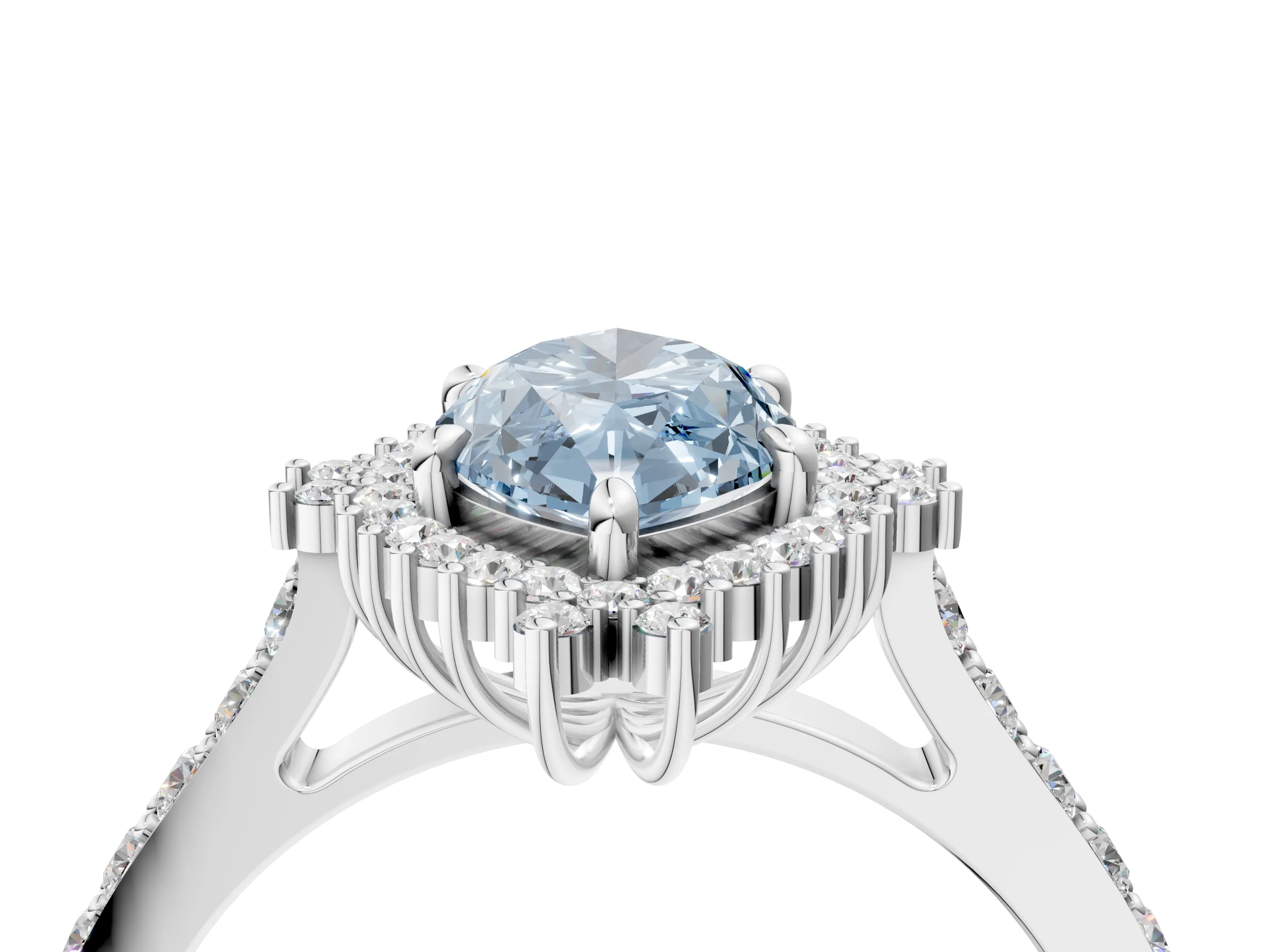 White gold Fancy Blue Marquise Cut Cut Diamond Sunburst Halo Engagement Ring with Pavé Band_16