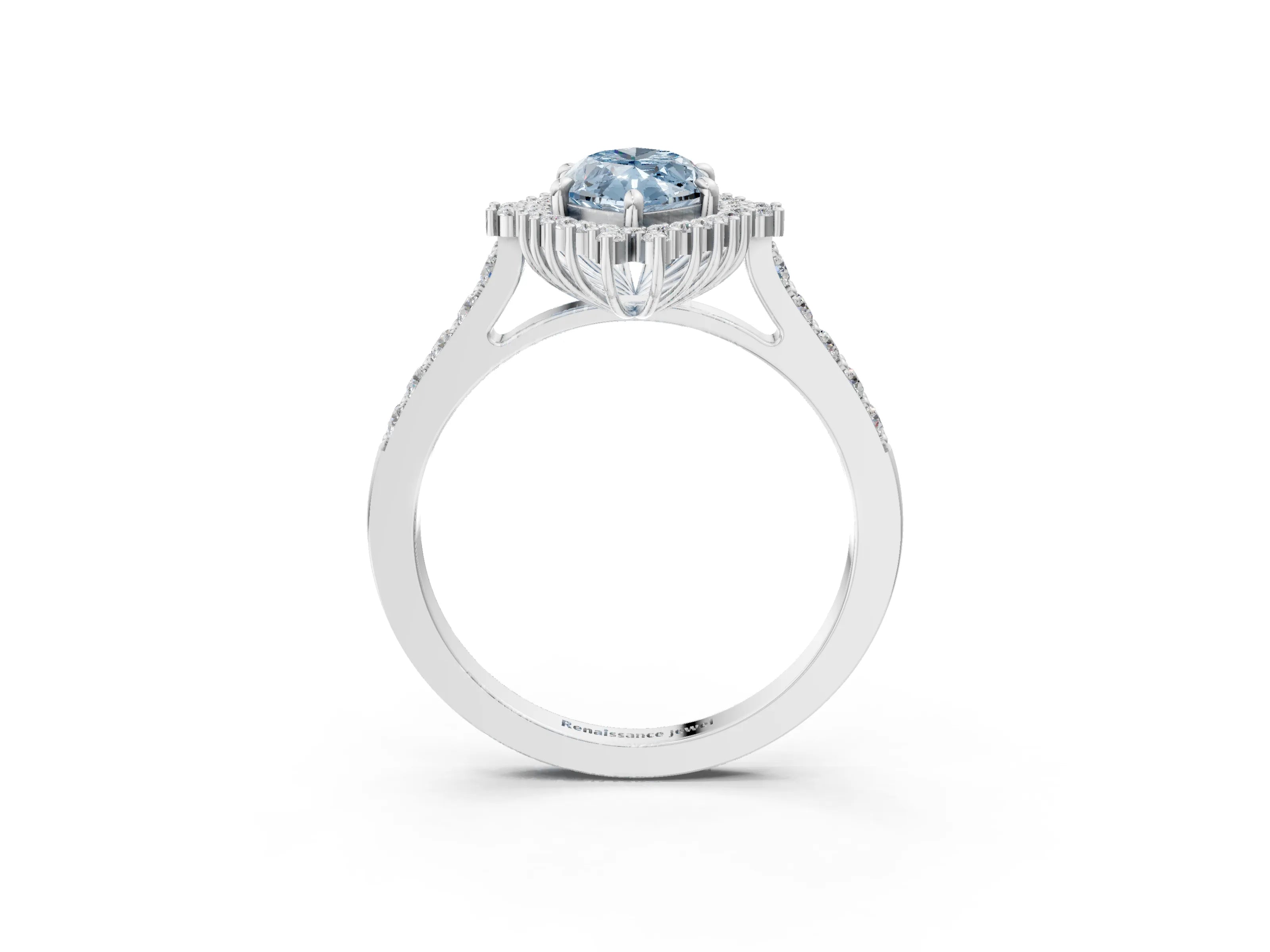 White gold Fancy Blue Marquise Cut Cut Diamond Sunburst Halo Engagement Ring with Pavé Band_3