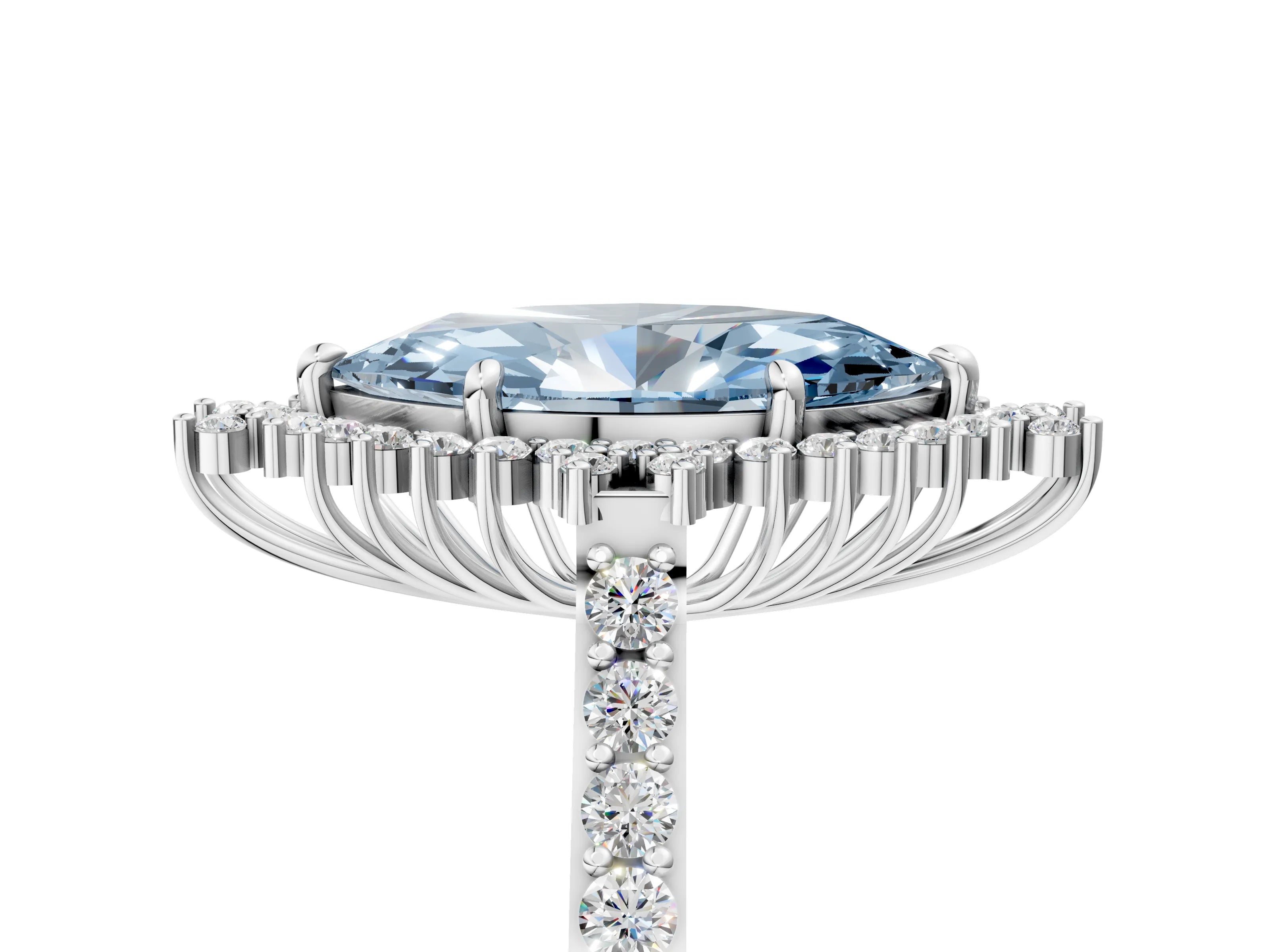 White gold Fancy Blue Marquise Cut Cut Diamond Sunburst Halo Engagement Ring with Pavé Band_5