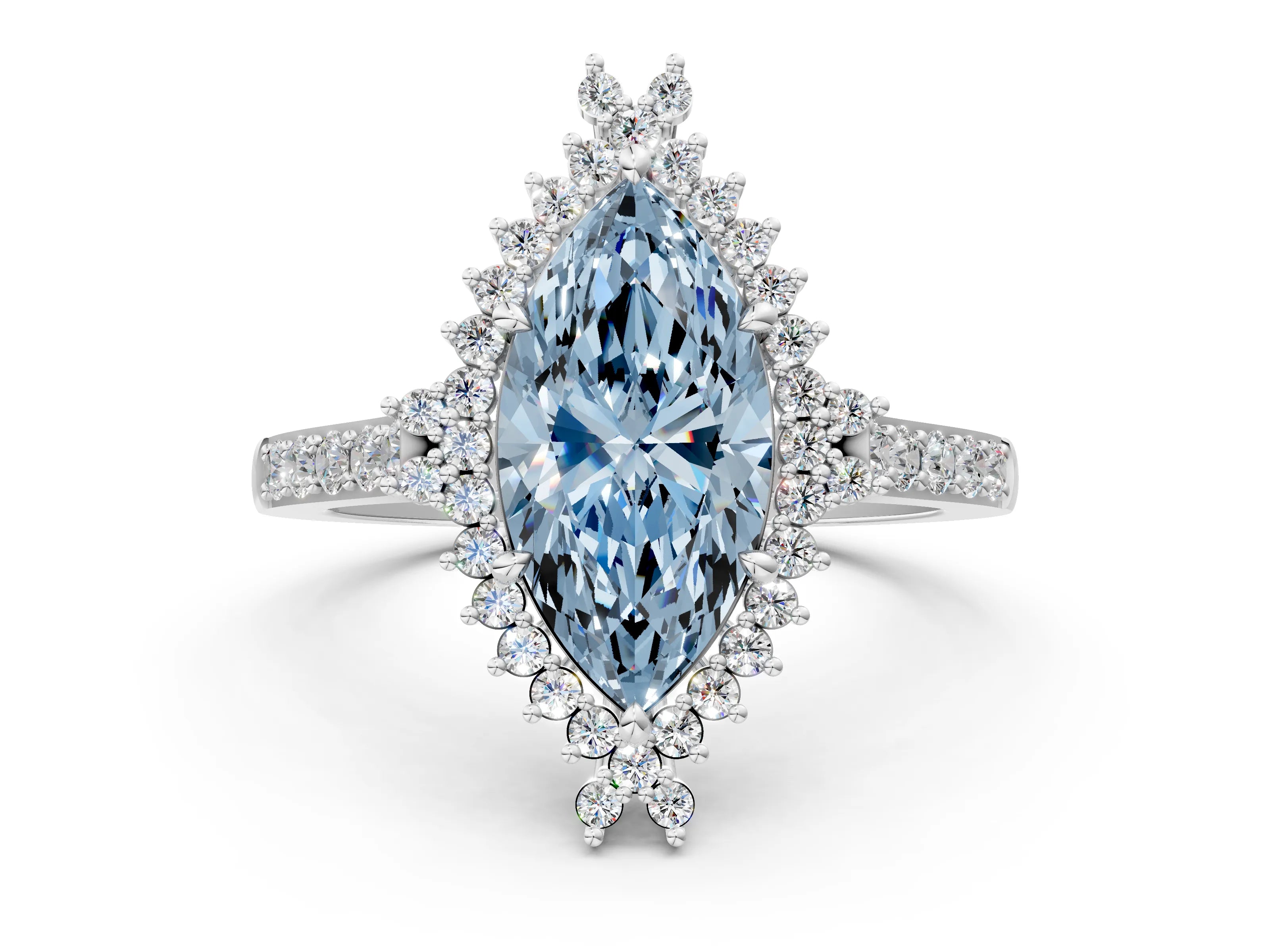 White gold Fancy Blue Marquise Cut Cut Diamond Sunburst Halo Engagement Ring with Pavé Band
