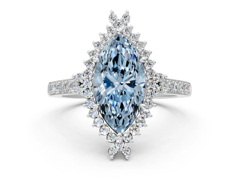 White gold Fancy Blue Marquise Cut Cut Diamond Sunburst Halo Engagement Ring with Pavé Band