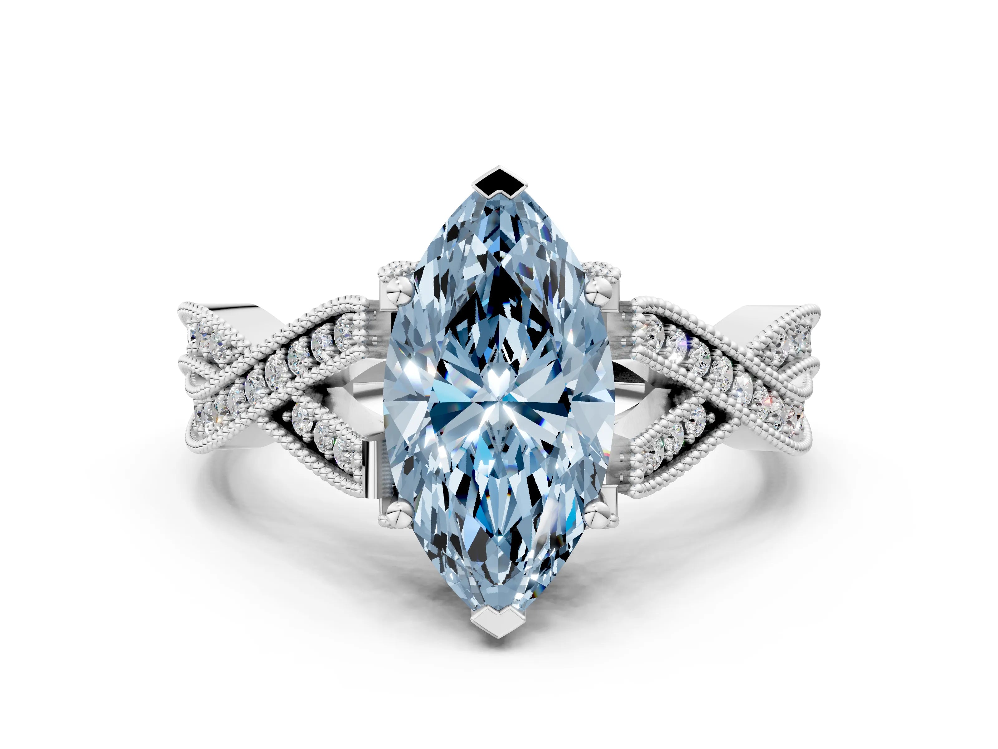 White gold Fancy Blue Marquise Cut Cut Diamond Twisted Band with Milgrain Pave Setting and Four-Prong Setting