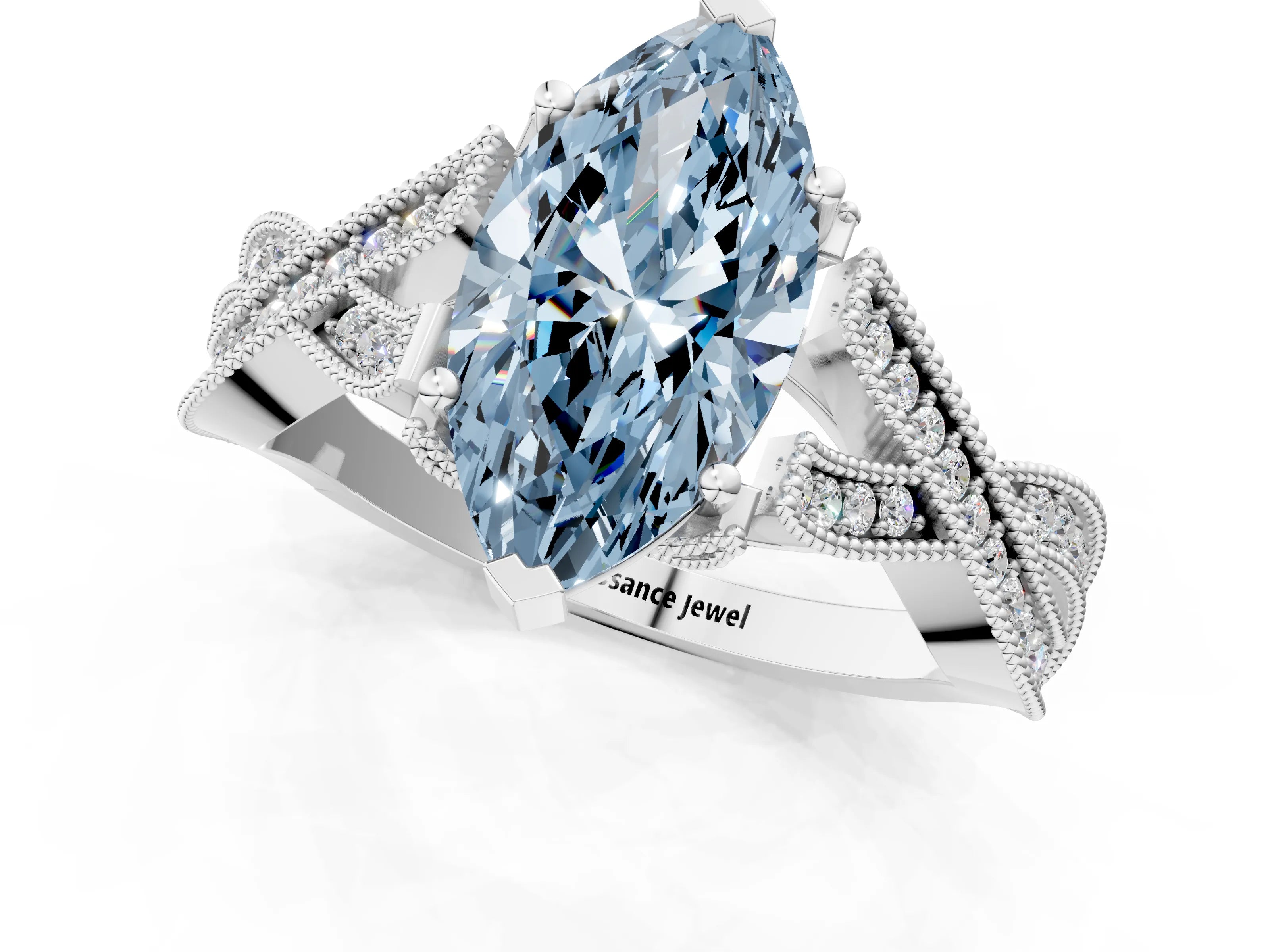 White gold Fancy Blue Marquise Cut Cut Diamond Twisted Band with Milgrain Pave Setting and Four-Prong Setting_13