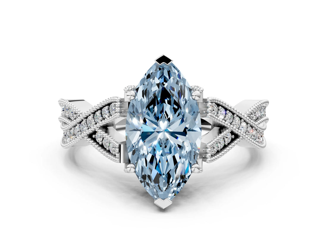 White gold Fancy Blue Marquise Cut Cut Diamond Twisted Band with Milgrain Pave Setting and Four-Prong Setting
