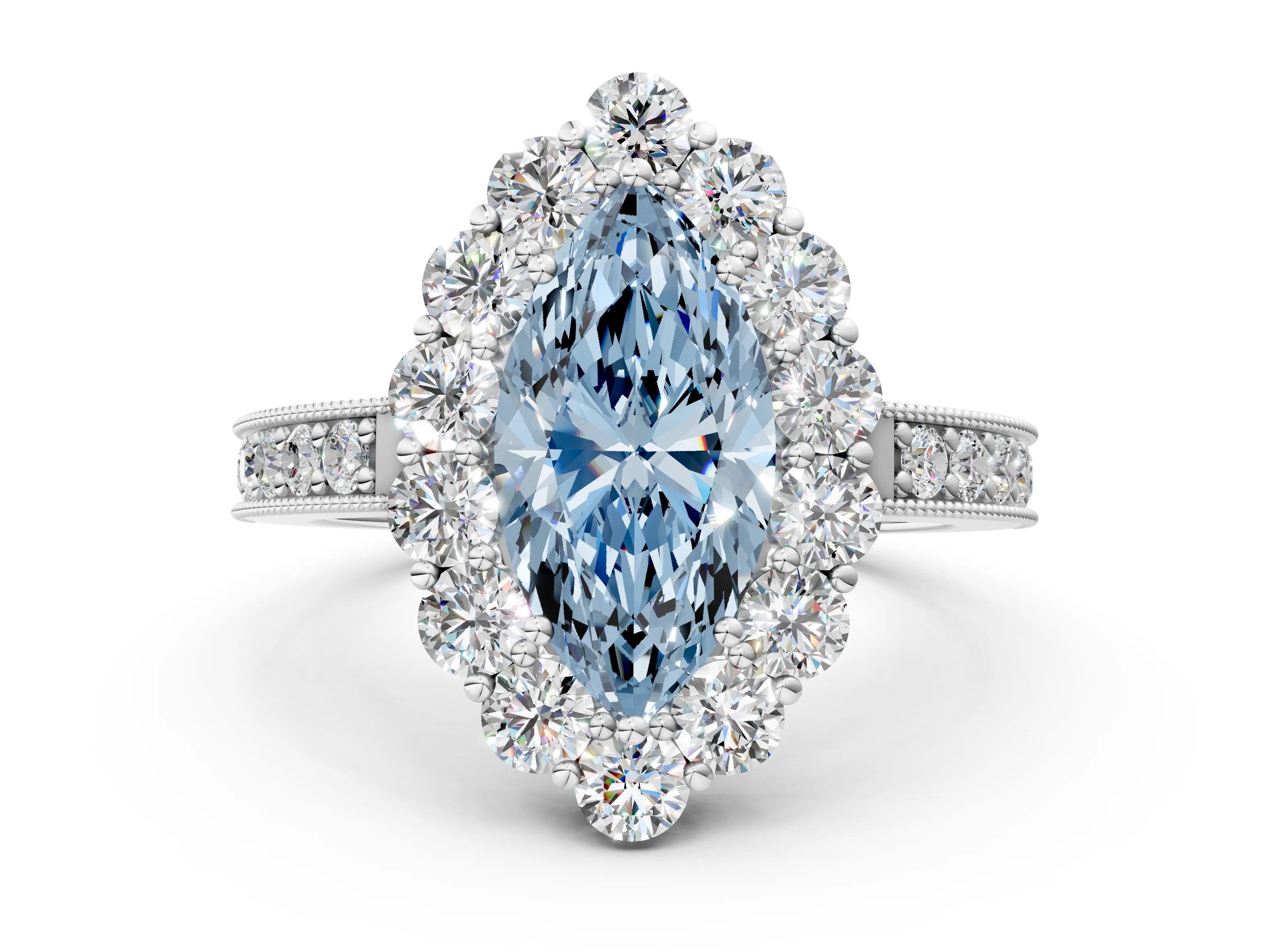 White gold Fancy Blue Marquise Cut Cut Halo Diamond Pavé Engagement Ring with Milgrain Detailing_12