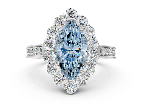 White gold Fancy Blue Marquise Cut Cut Halo Diamond Pavé Engagement Ring with Milgrain Detailing_12