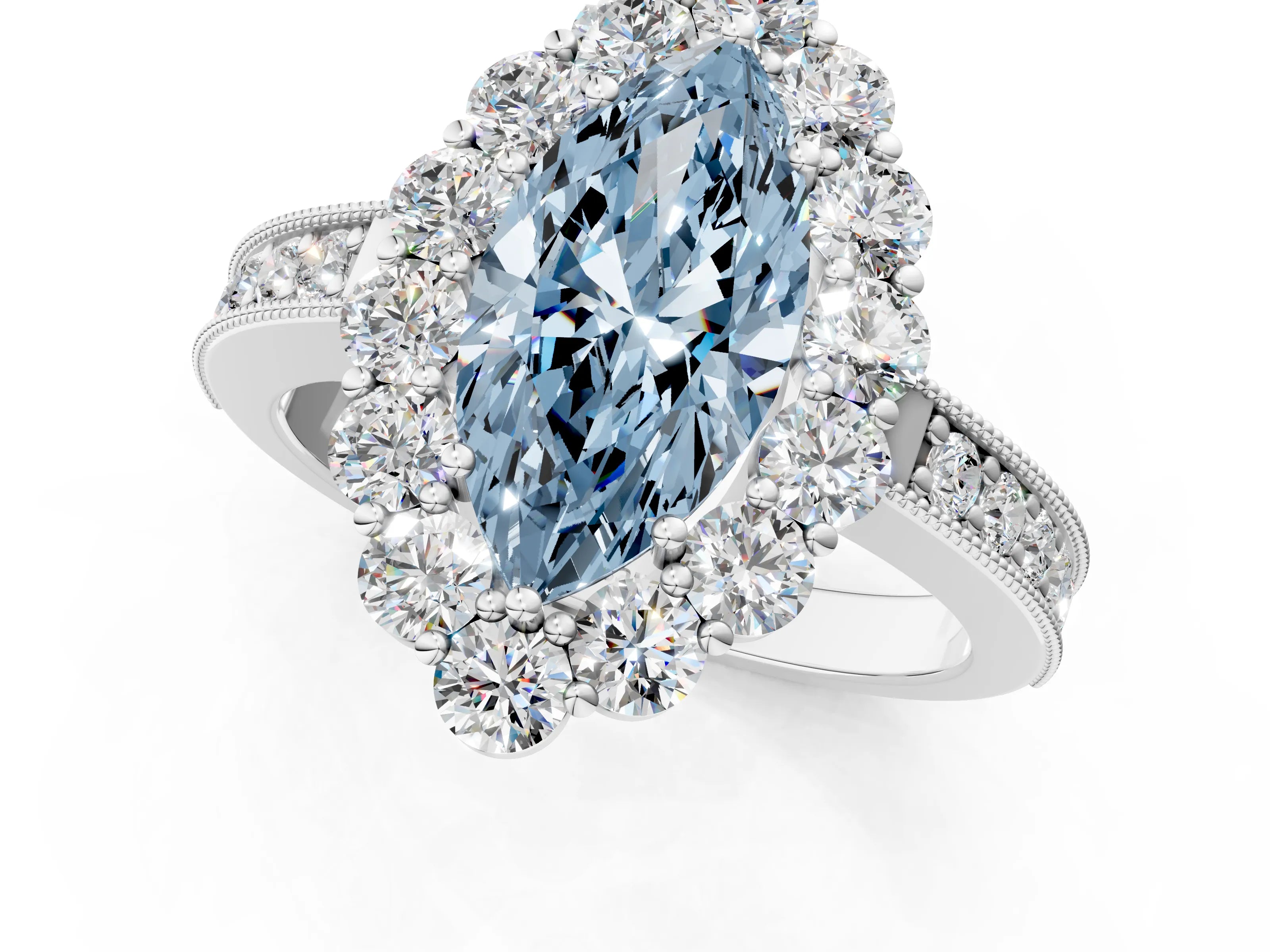 White gold Fancy Blue Marquise Cut Cut Halo Diamond Pavé Engagement Ring with Milgrain Detailing_13